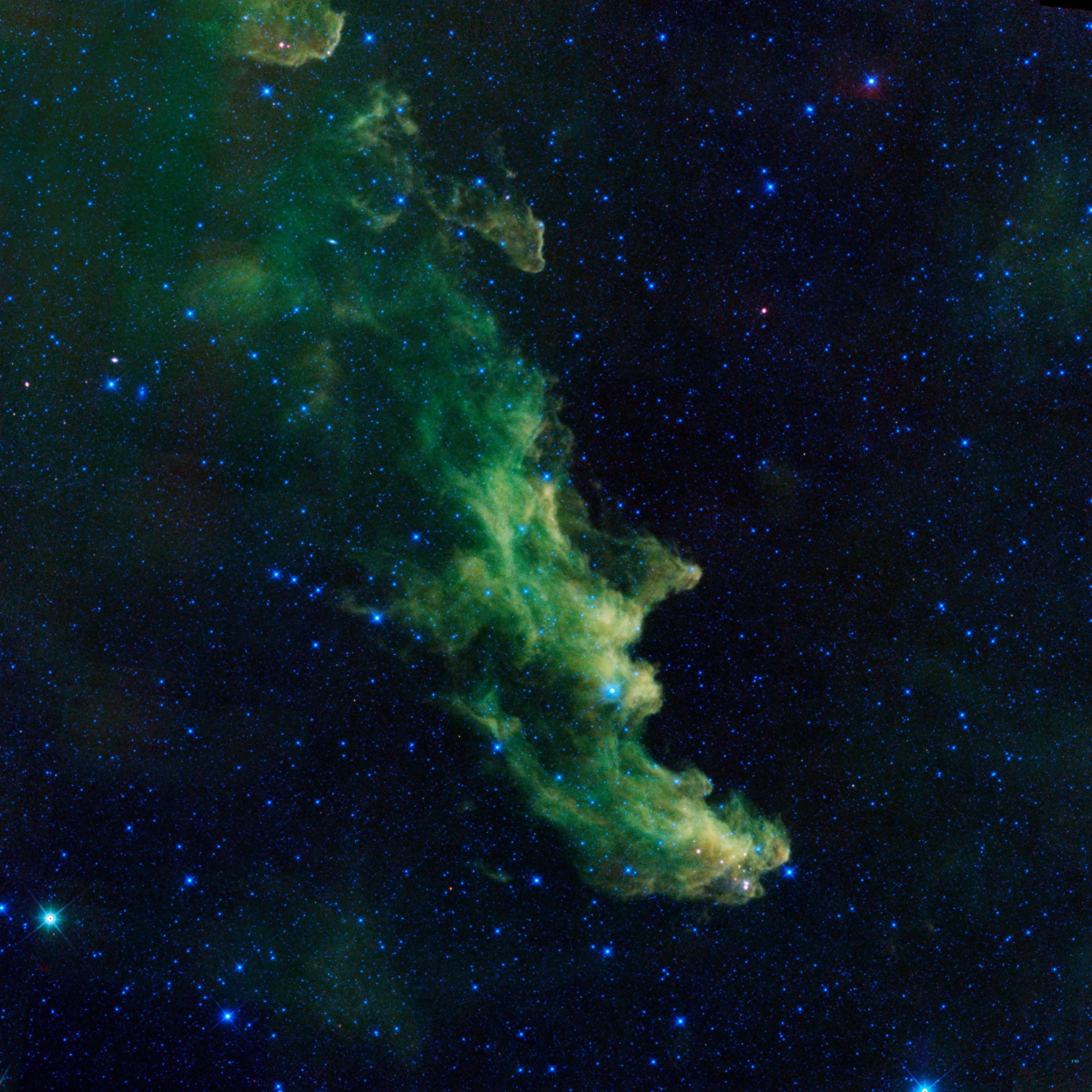 Witch Head' Brews Baby StarsA witch appears to be screaming out into space in this new image from NASA's Wide-Field Infrared Survey Explorer, or WISE. The infrared portrait shows the Witch Head nebula, named after its resemblance to the profile of a wicked witch. Astronomers say the billowy clouds of the nebula, where baby stars are brewing, are being lit up by massive stars. Dust in the cloud is being hit with starlight, causing it to glow with infrared light, which was picked up by WISE's detectors.The Witch Head nebula is estimated to be hundreds of light-years away in the Orion constellation, just off the famous hunter's knee.WISE was recently "awakened" to hunt for asteroids in a program called NEOWISE. The reactivation came after the spacecraft was put into hibernation in 2011, when it completed two full scans of the sky, as planned.Image credit: NASA/JPL-Caltech