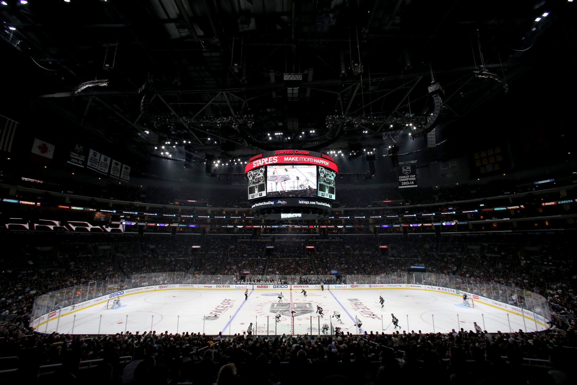 An overall view of the interior of the arena at the NHL season opener at Staples Center on October 8, 2014 in Los Angeles, California.