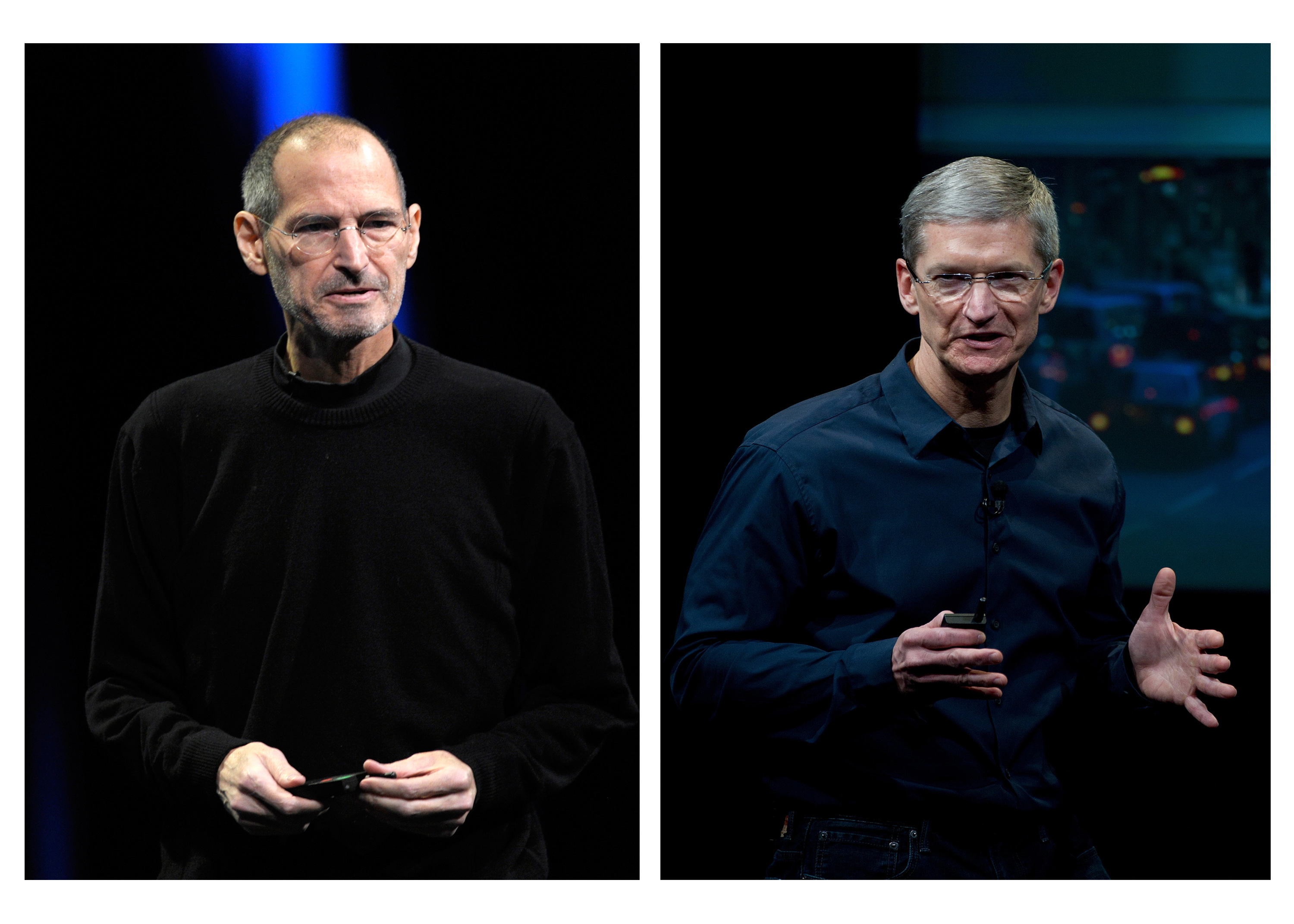 In this combination photo, Steve Jobs, former chief executive officer of Apple Inc., left, unveils the iCloud storage system at the Apple Worldwide Developers Conference 2011 in San Francisco, California, U.S., on Monday, June 6, 2011, while Tim Cook, chief executive officer of Apple Inc., right, speaks during an event at the company's headquarters in Cupertino, California, U.S., on Tuesday, Oct. 4, 2011. (Bloomberg&mdash;Bloomberg via Getty Images)