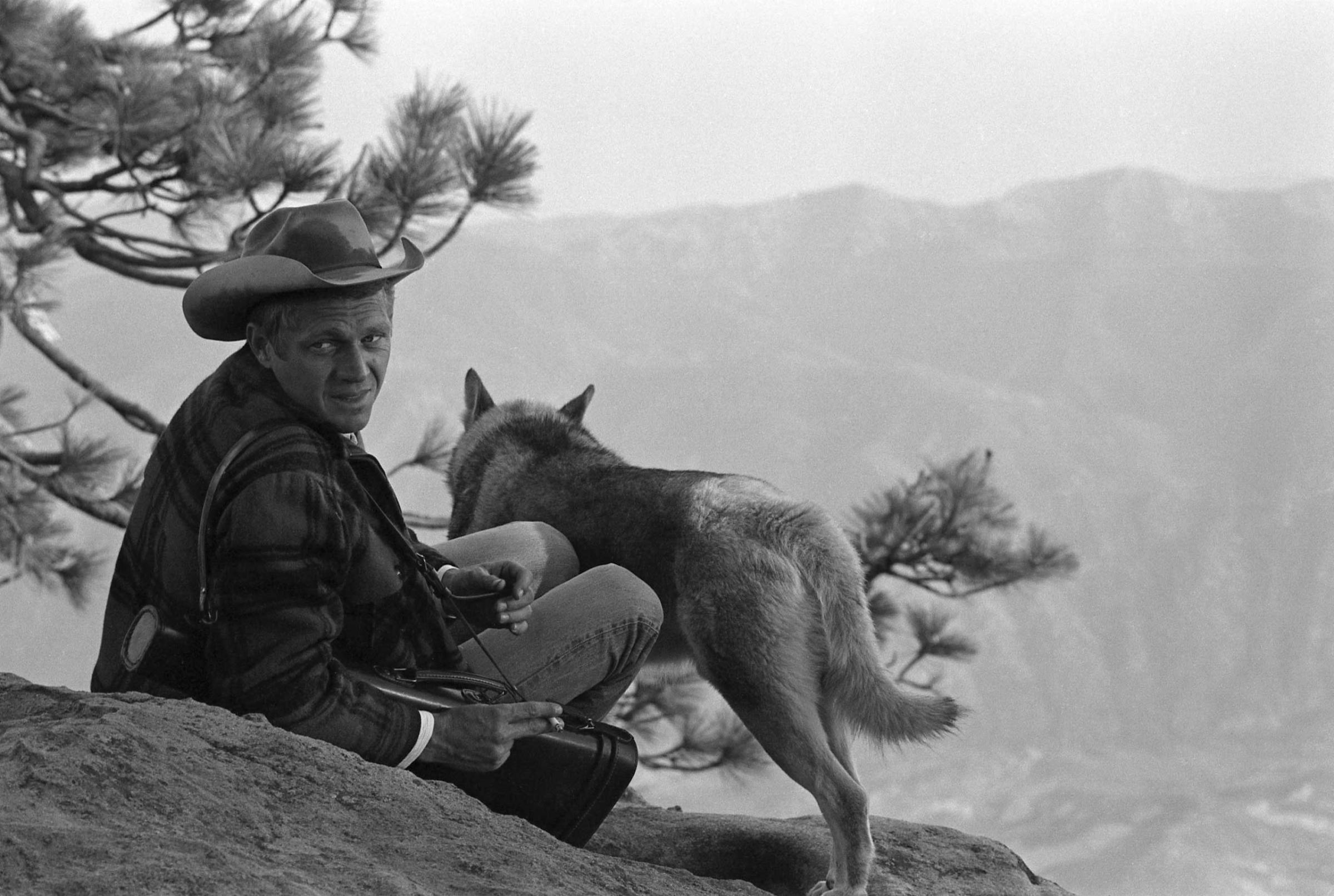 With his dog, a Malamute named Mike, by his side, Steve McQueen takes in the scenery, California, 1963.