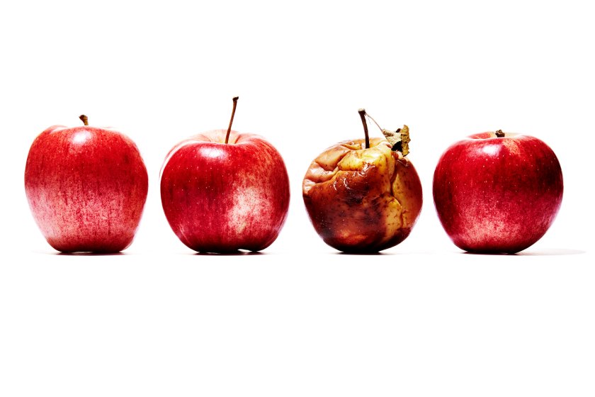 A still life showing 4 red apples in a row. The apple second from right is rotten.