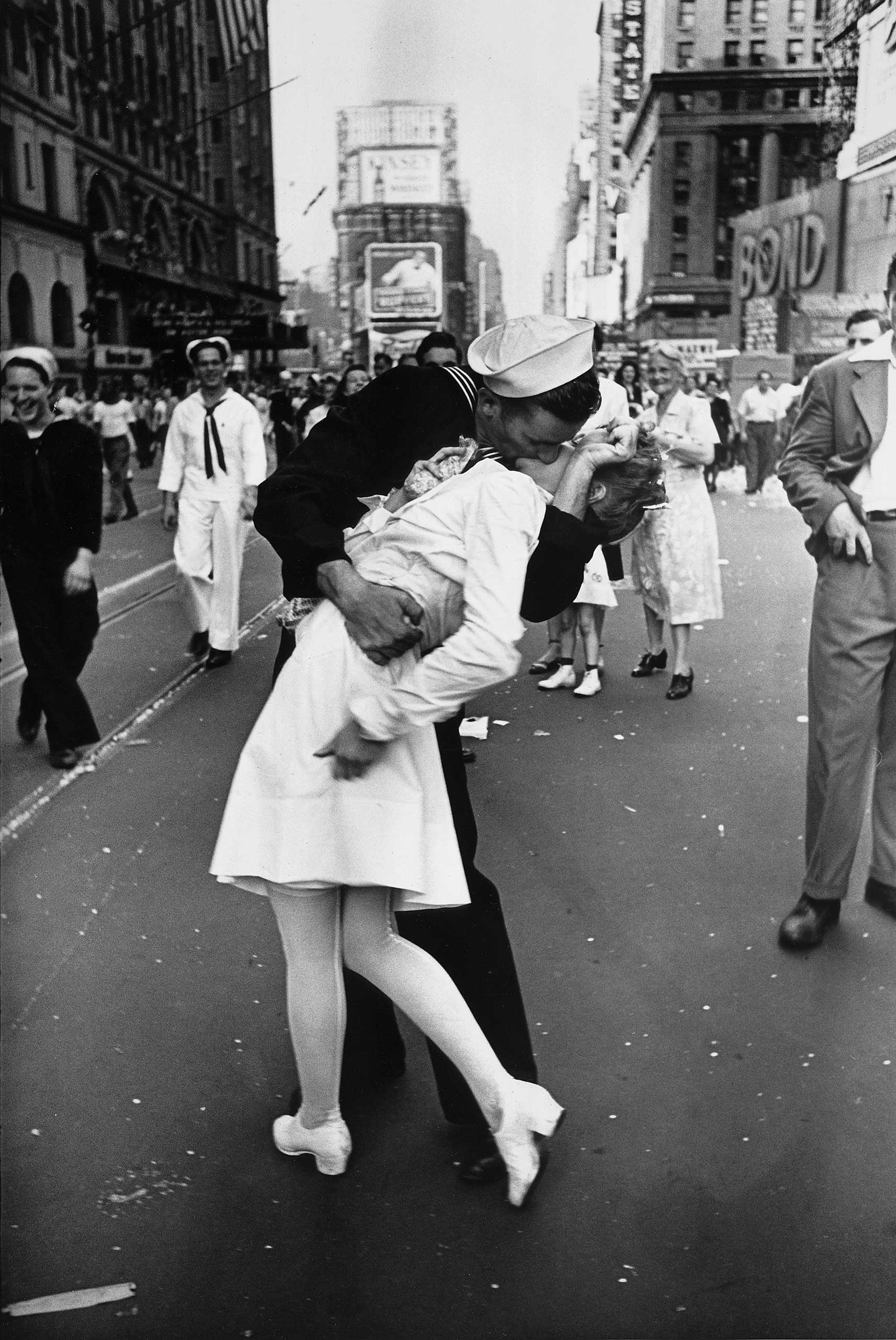 1945 | On August 14, 1945 — VJ Day — a jubilant sailor plants a kiss on a nurse in Times Square to celebrate the Allies' long- awaited World War II victory over Japan. Originally published (not as a cover shot, as most people assume today, but as just one in a series of  VJ Day victory celebration  images featured in the middle of the magazine) in the August 27, 1945, issue of LIFE.