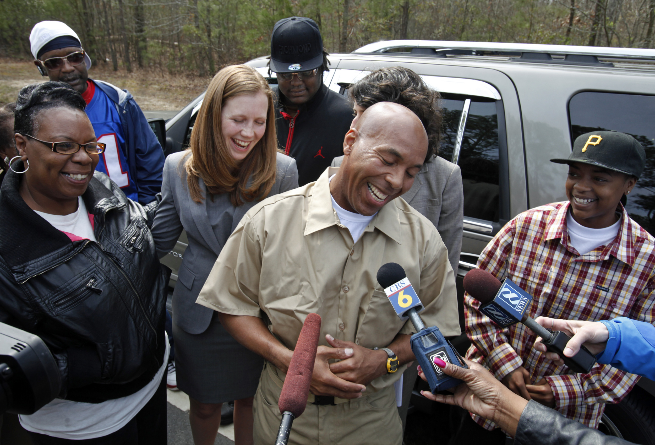 Thomas Haynesworth answers questions from the media after he was released from the Greensville Correctional Center in Jarratt, Va., on March 21, 2011. (P. Kevin Morley—Richmond Times-Dispatch/AP)