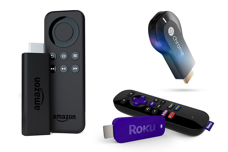 Clockwise left to right: Amazon's Fire TV Stick, Google's Chromecast, Roku's Streaming Stick (Amazon : Google : Roku)