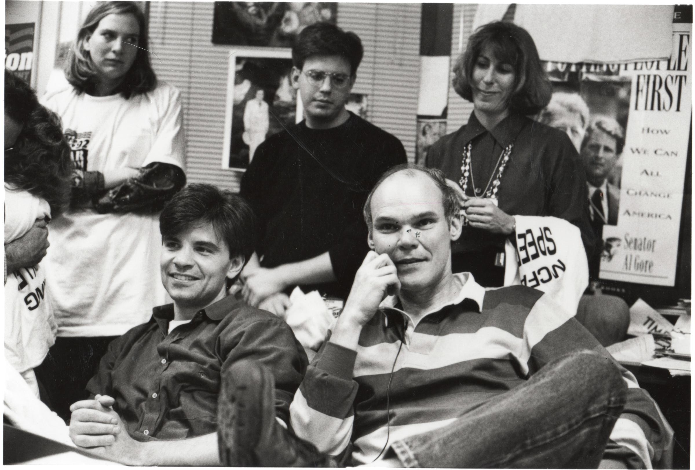 George Stephanopoulos (left) and James Carville (right) in a still from The War Room, 1993.