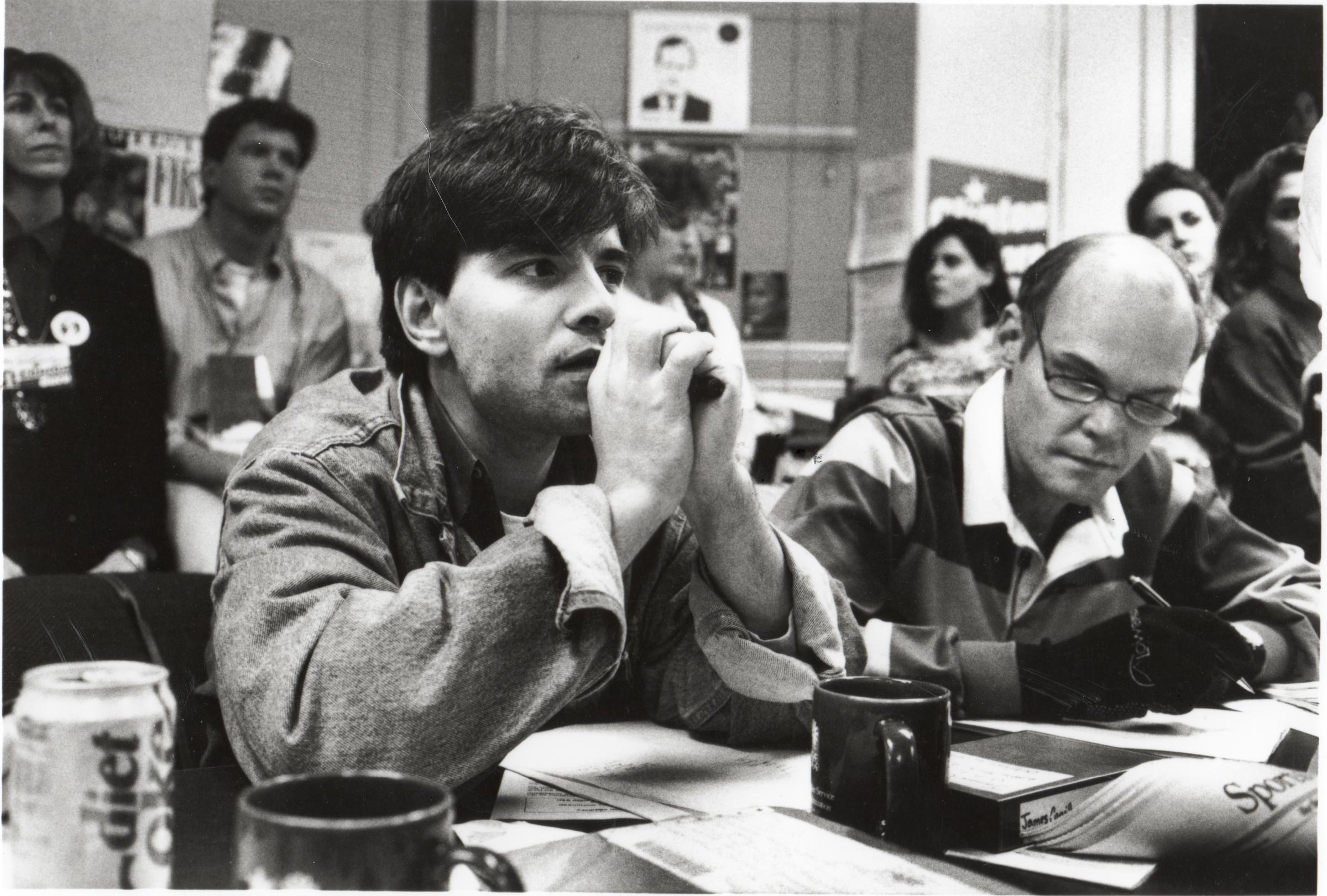 George Stephanopoulos (left) and James Carville (right) in a still from The War Room, 1993.
