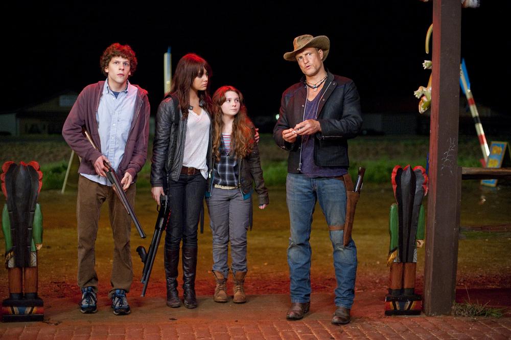 From left: Zombieland cast Jesse Eisenberg, Emma Stone, Abigail Breslin, and Woody Harrelson (Glen Wilson—Columbia Pictures)