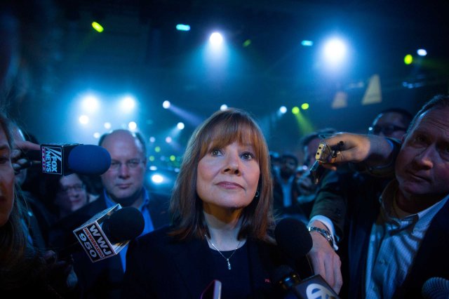 Mary Barra speaks to the media after the GM 2015 GMC Canyon truck unveiling in Detroit on Jan. 12, 2014.