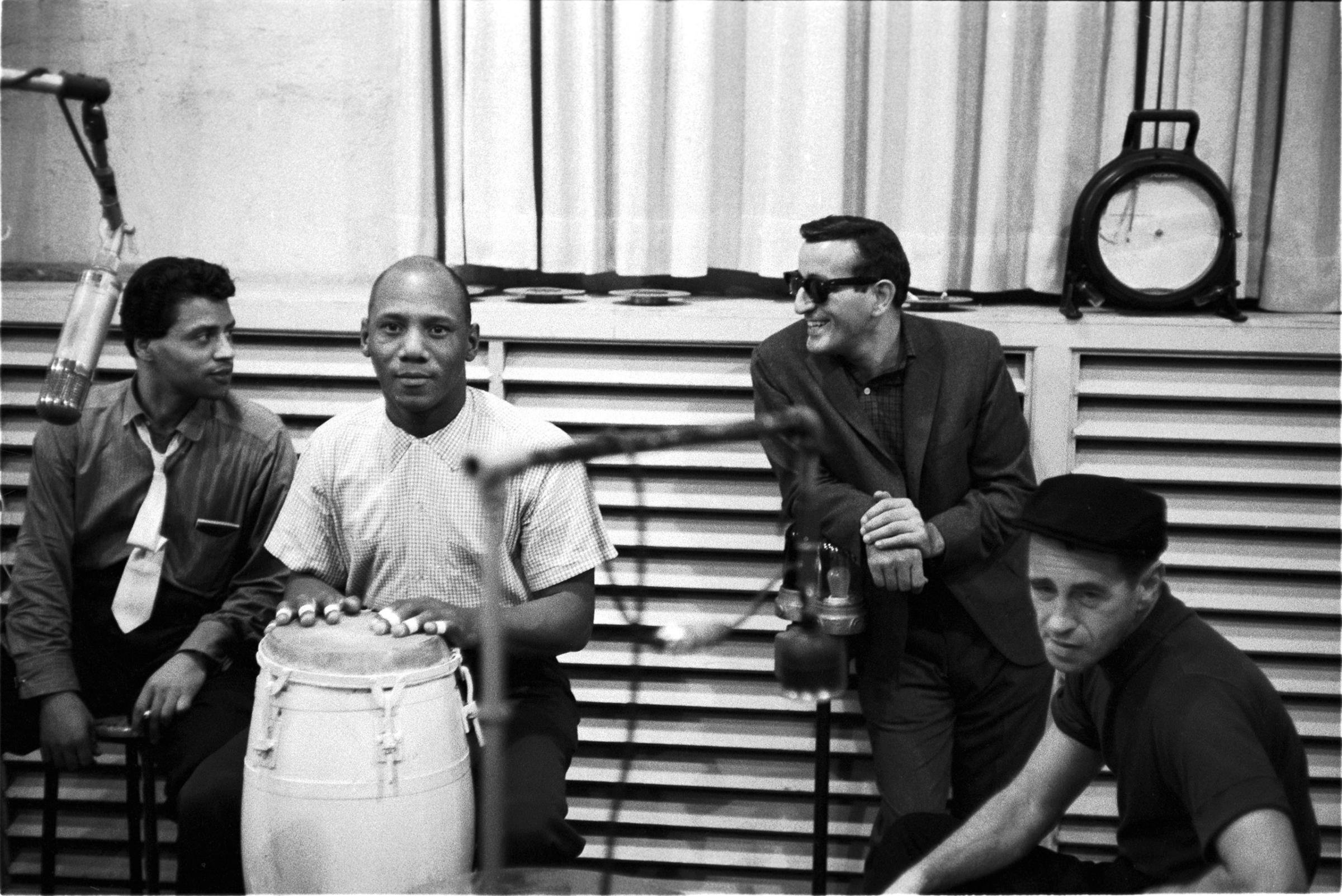 Tony Bennett in recording studio with Candido & Sabu, October 1957.