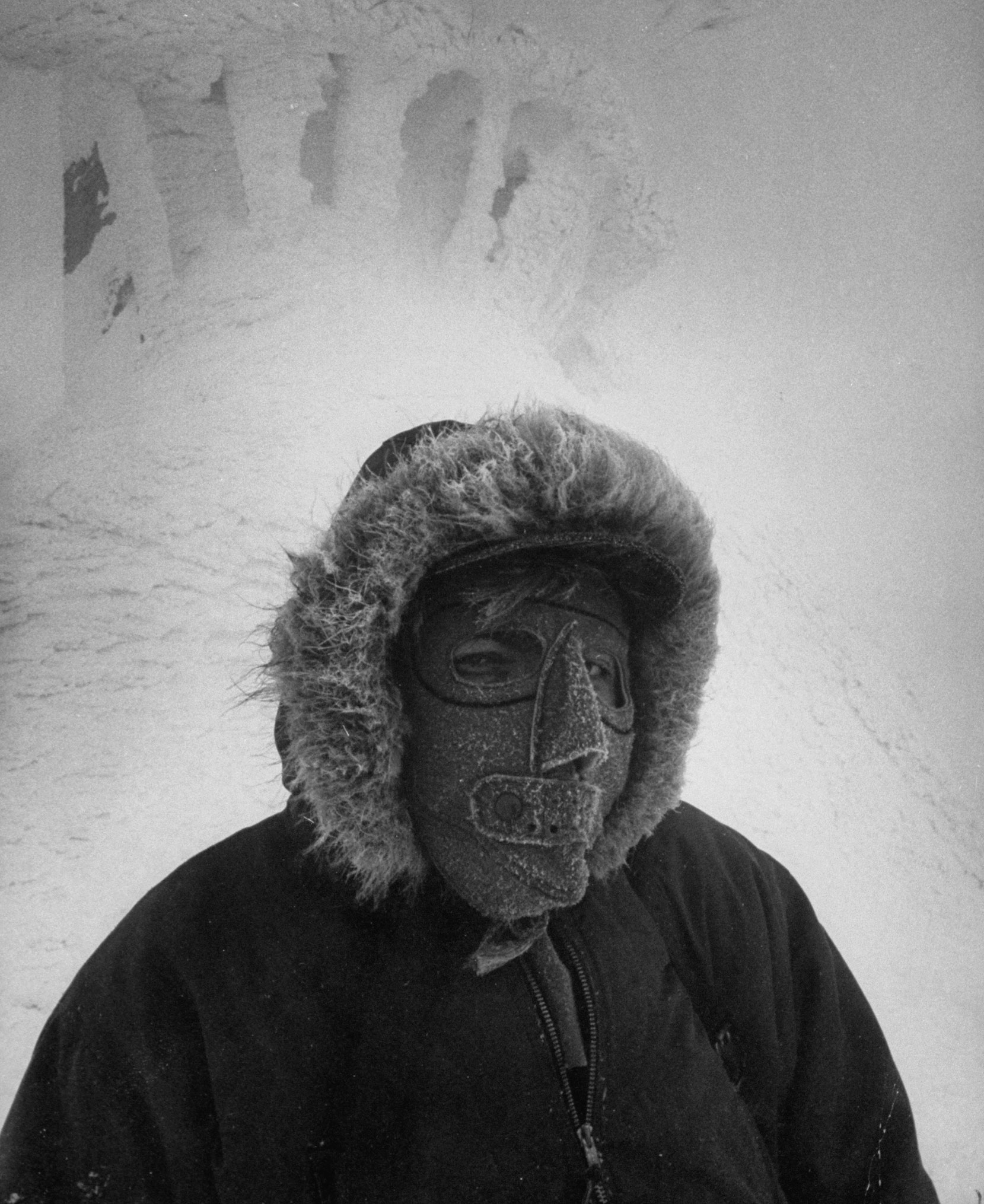 Hooded weather-study team member, New Hampshire's Mount Washington, 1953.