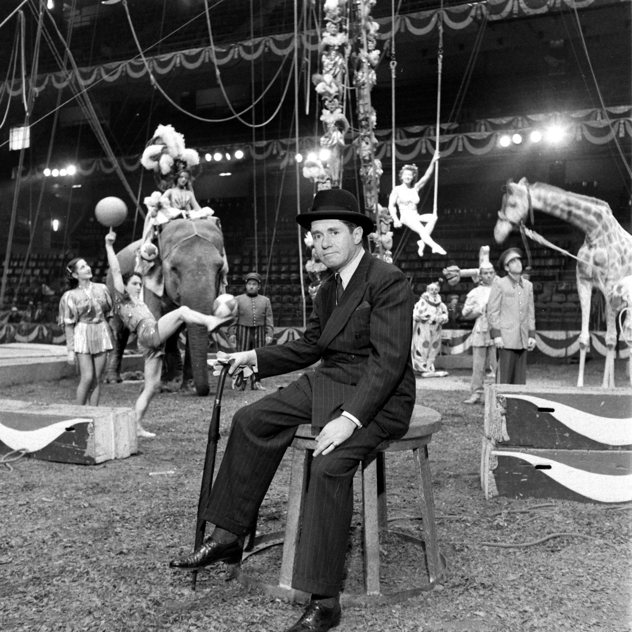 Circus president John Ringling North with performers, 1949.