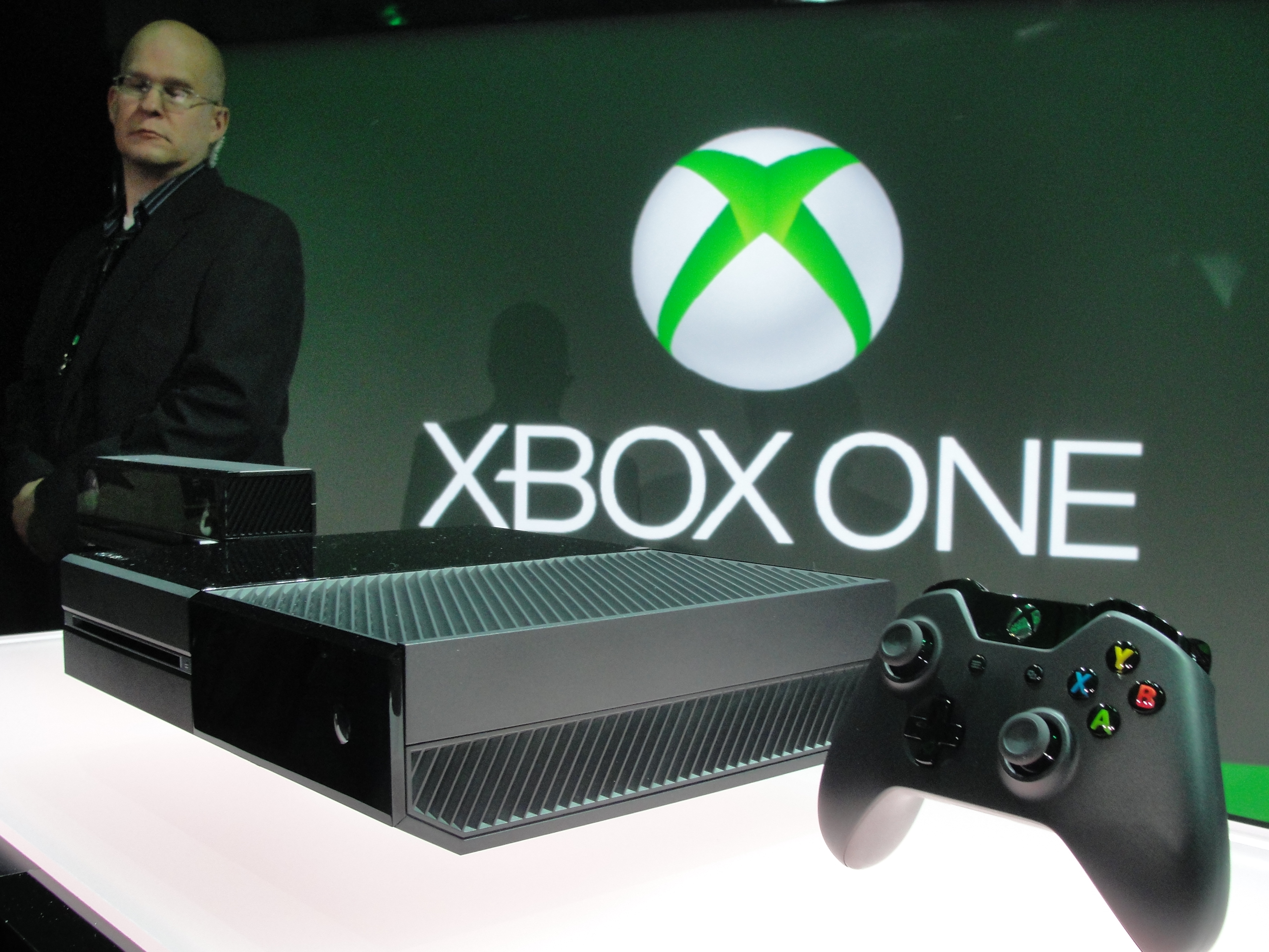 A member of the Microsoft security team watches over the newly unveiled Xbox One videogame console at the Microsoft campus in Redmond, Washington, on May 21, 2013. (AFP&mdash;AFP/Getty Images)