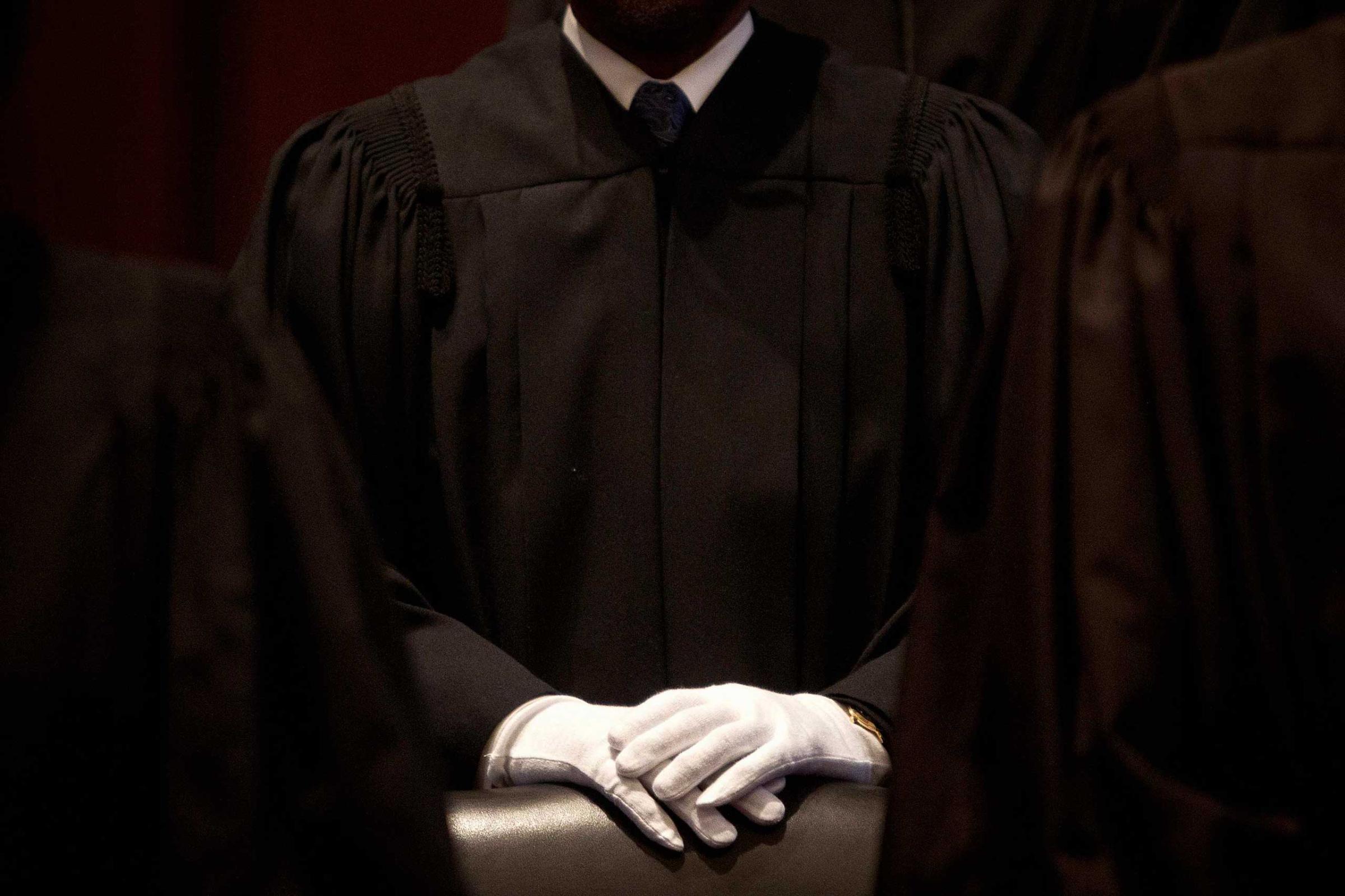 A judge stands before a special session of the United States District Court for the Southern District of New York on the occasion of the 225th anniversary of its first session in New York