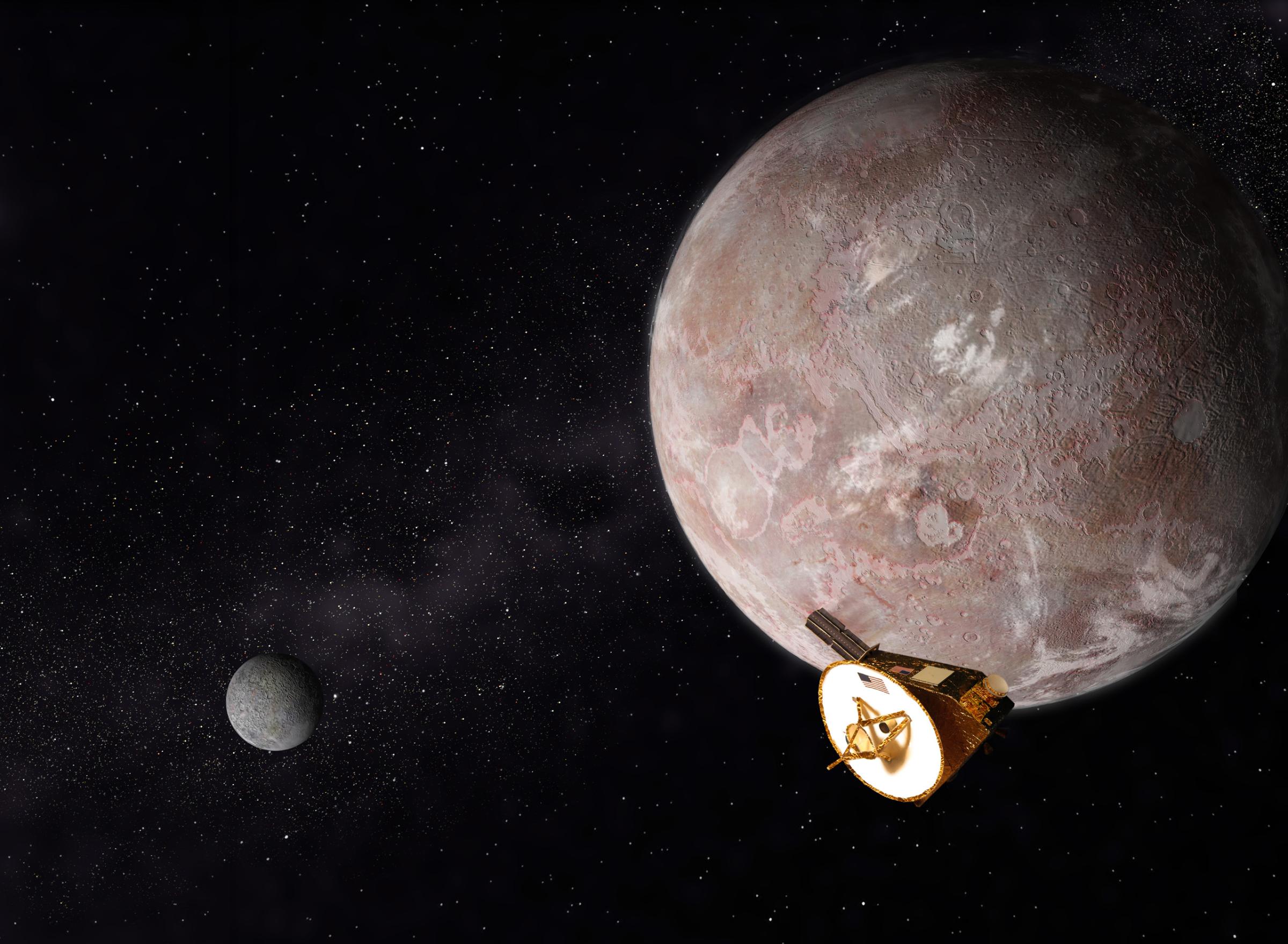 Pluto, Charon and NASA's New Horizons probe, July 2015