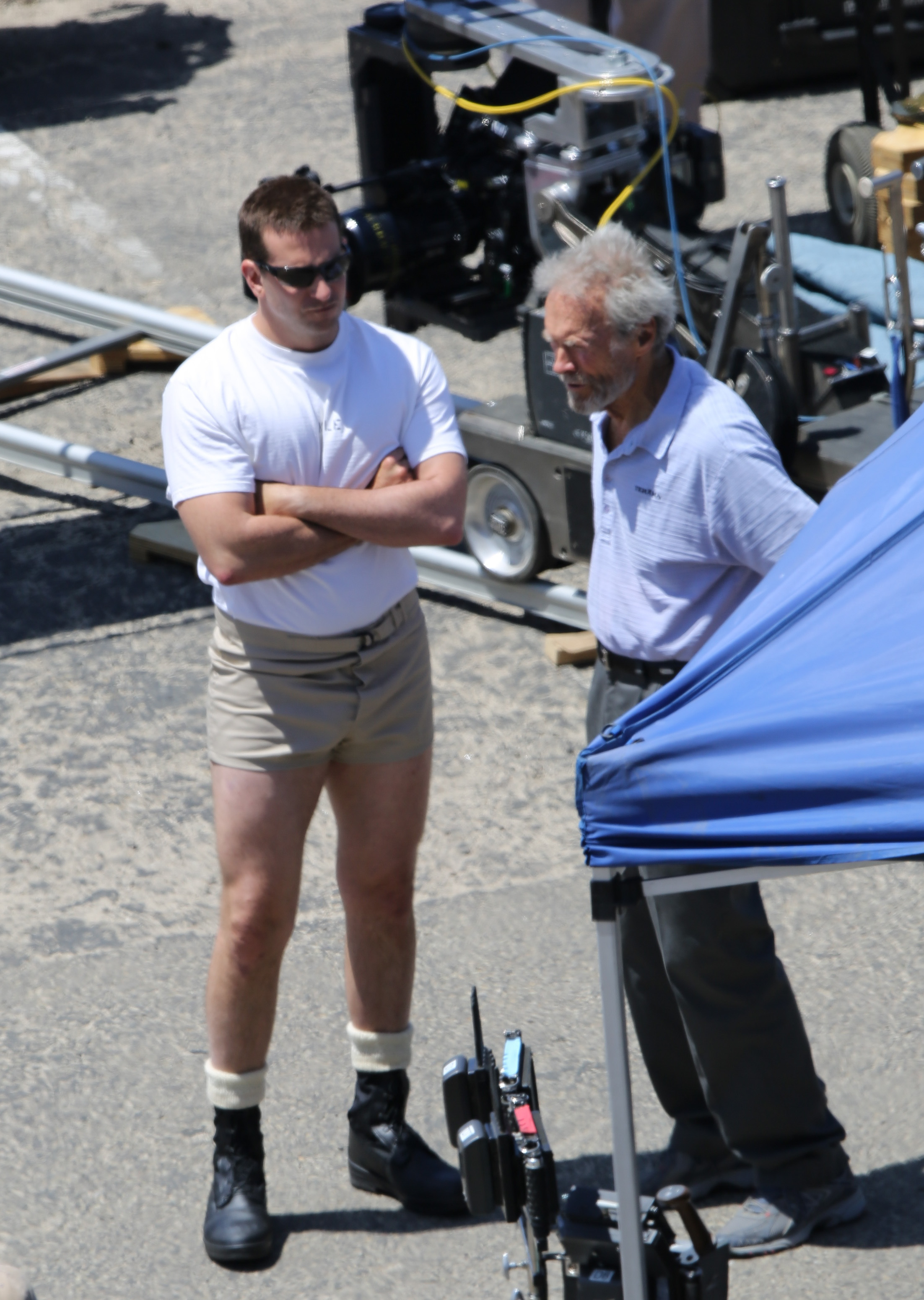 Bradley Cooper and Clint Eastwood on the set of 'American Sniper' in Malibu, California on June 4, 2014 in Los Angeles. (TSM/Bauer-Griffin/GC Images/Getty Images)