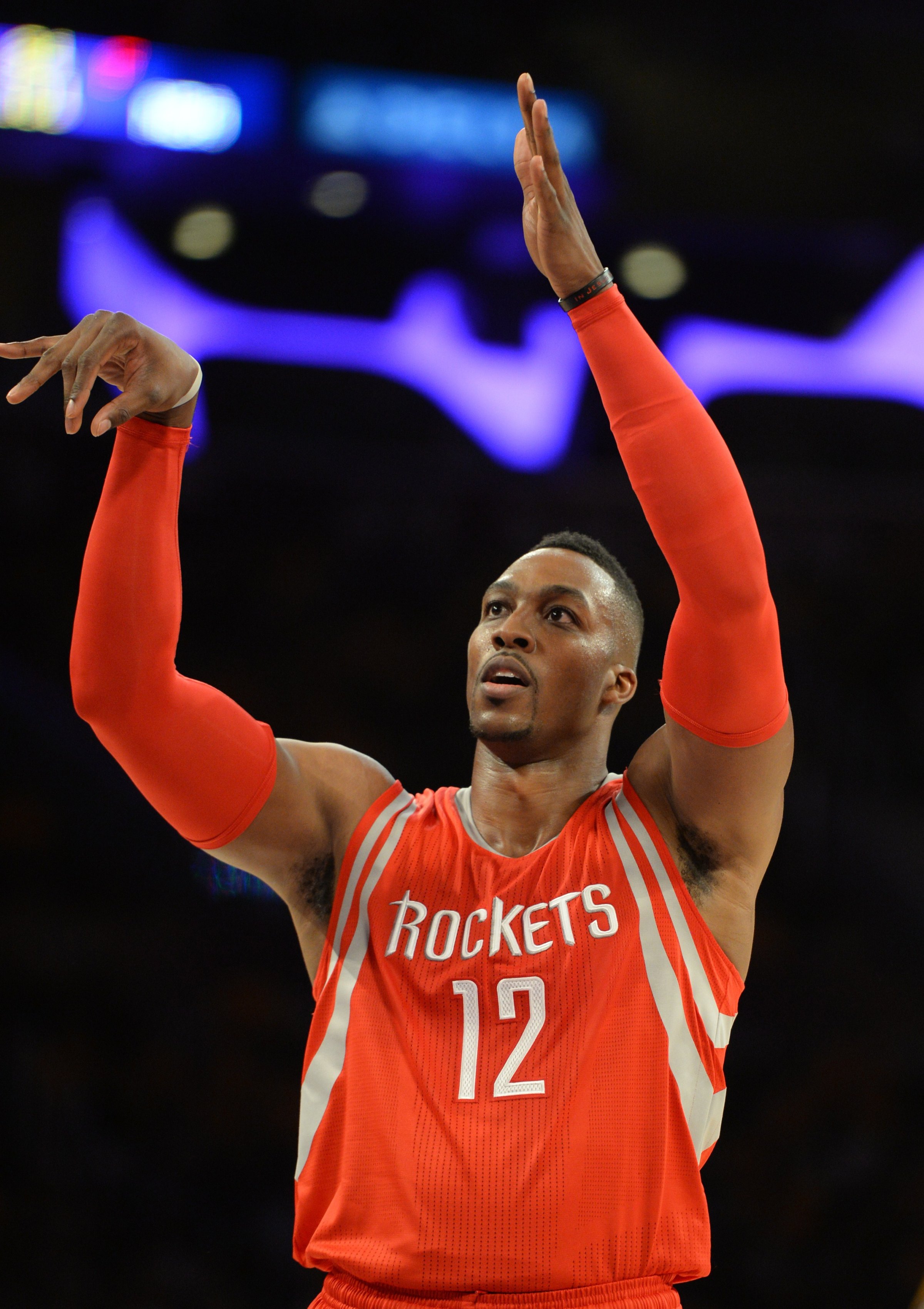 Dwight Howard of the Houston Rockets shoots from the free throw line during the Los Angeles Lakers first regular season NBA game against the Rockets on Oct. 28, 2014 at Staples Center in Los Angeles.