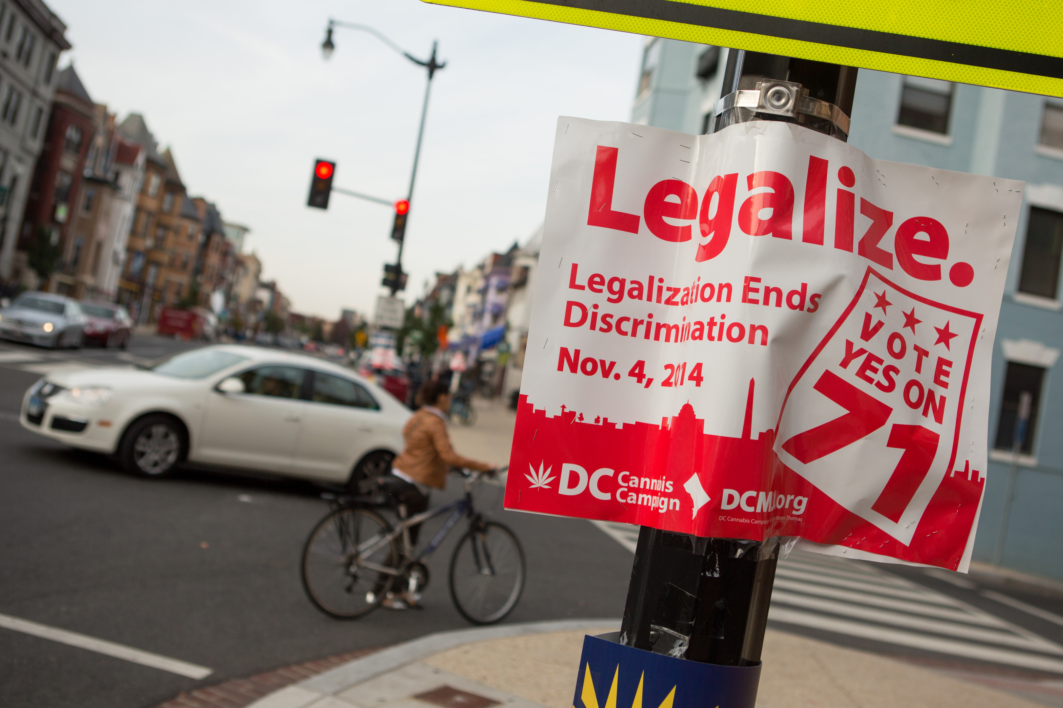 A sign promoting the DC Cannabis Campaign's initiative to legalize marijuana is displayed on a corner in the Adams Morgan neighborhood on November 4, 2014 in NW Washington D.C. (Allison Shelley&mdash;Getty Images)
