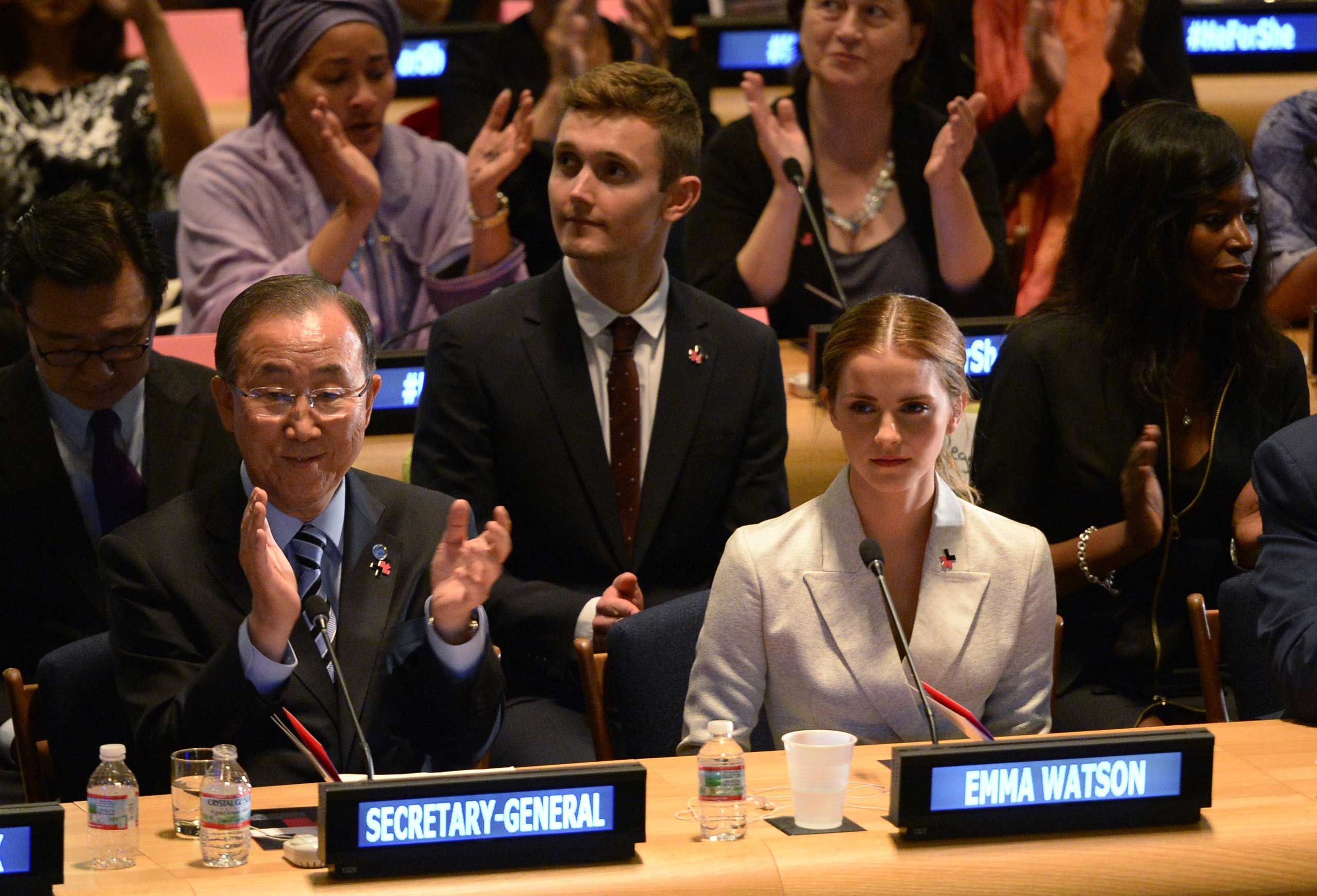 From left: UN Secretary-General Ban Ki-Moon and UN Women Goodwill Ambassador Emma Watson at the United Nations in New York City on Sept. 20, 2014.