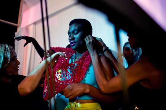 Models walking for the Zimbabwean designer label Intisaar waits backstage before a show at Mercedes Benz Africa fashion week Africa on Oct. 29, 2014 held at Melrose Arch in Johannesburg, South Africa.