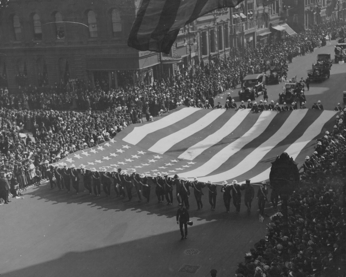 A military parade in celebration of Armistice day following World War One, New York, 1918. (Paul Thompso—FPG / Getty Images)