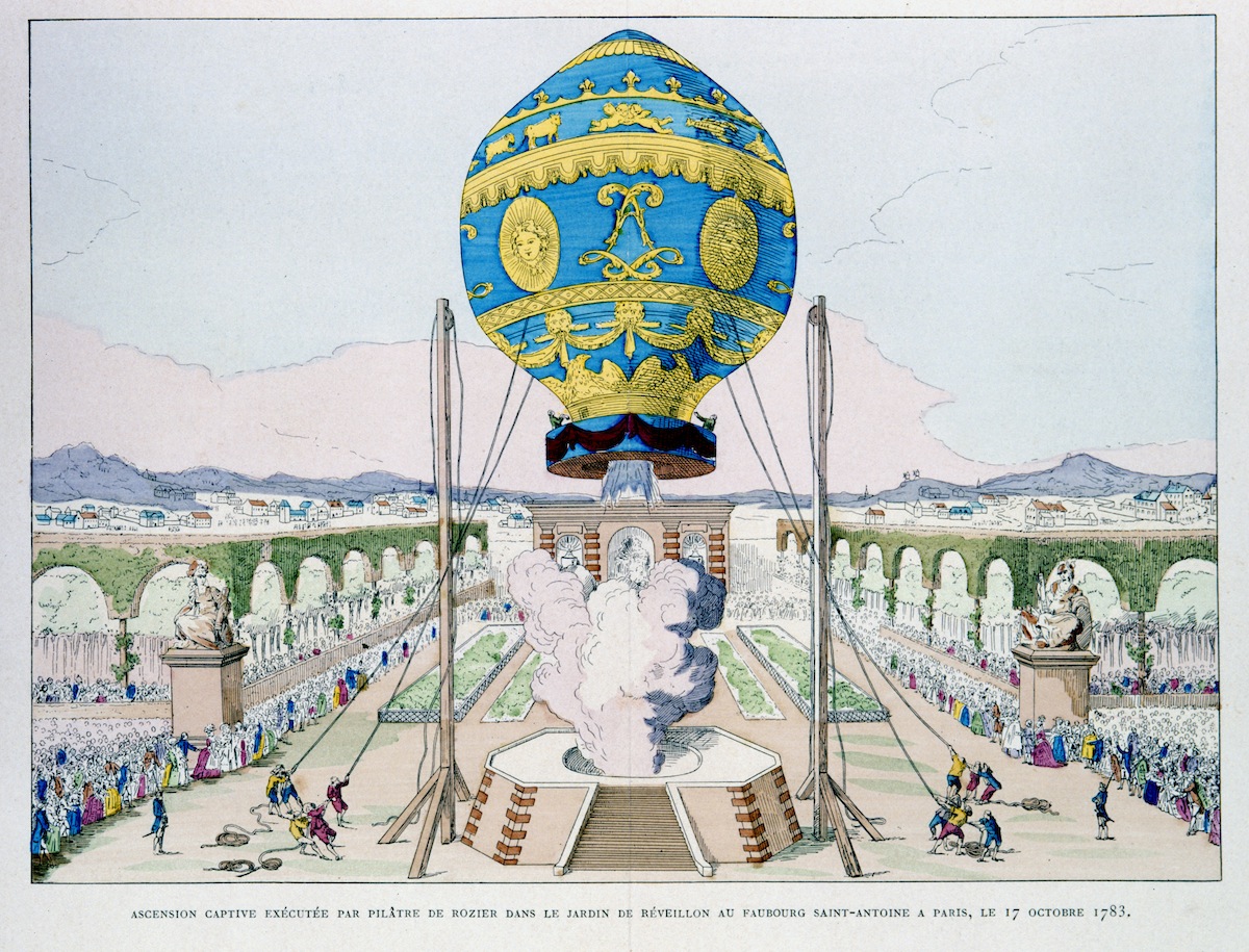 Ascent in captive hot air balloon made by Pilatre de Rozier, Paris, 11 October 1783 (1887). Artist: Anon