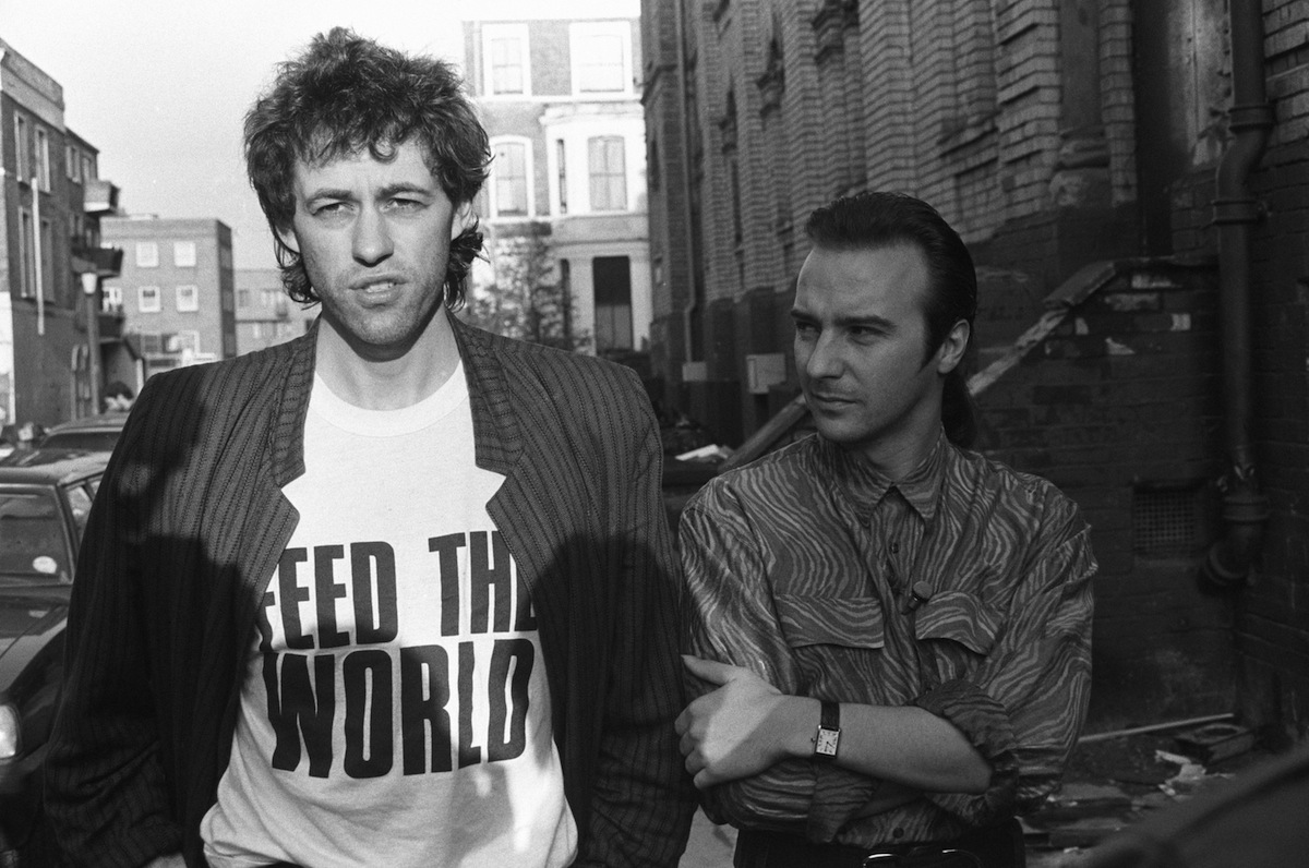 Bob Geldof and Midge Ure pictured outside SARM Studios in London, during the recording of the Band Aid single 'Do They Know It's Christmas?', on Nov. 25, 1984. (Larry Ellis—Getty Images)