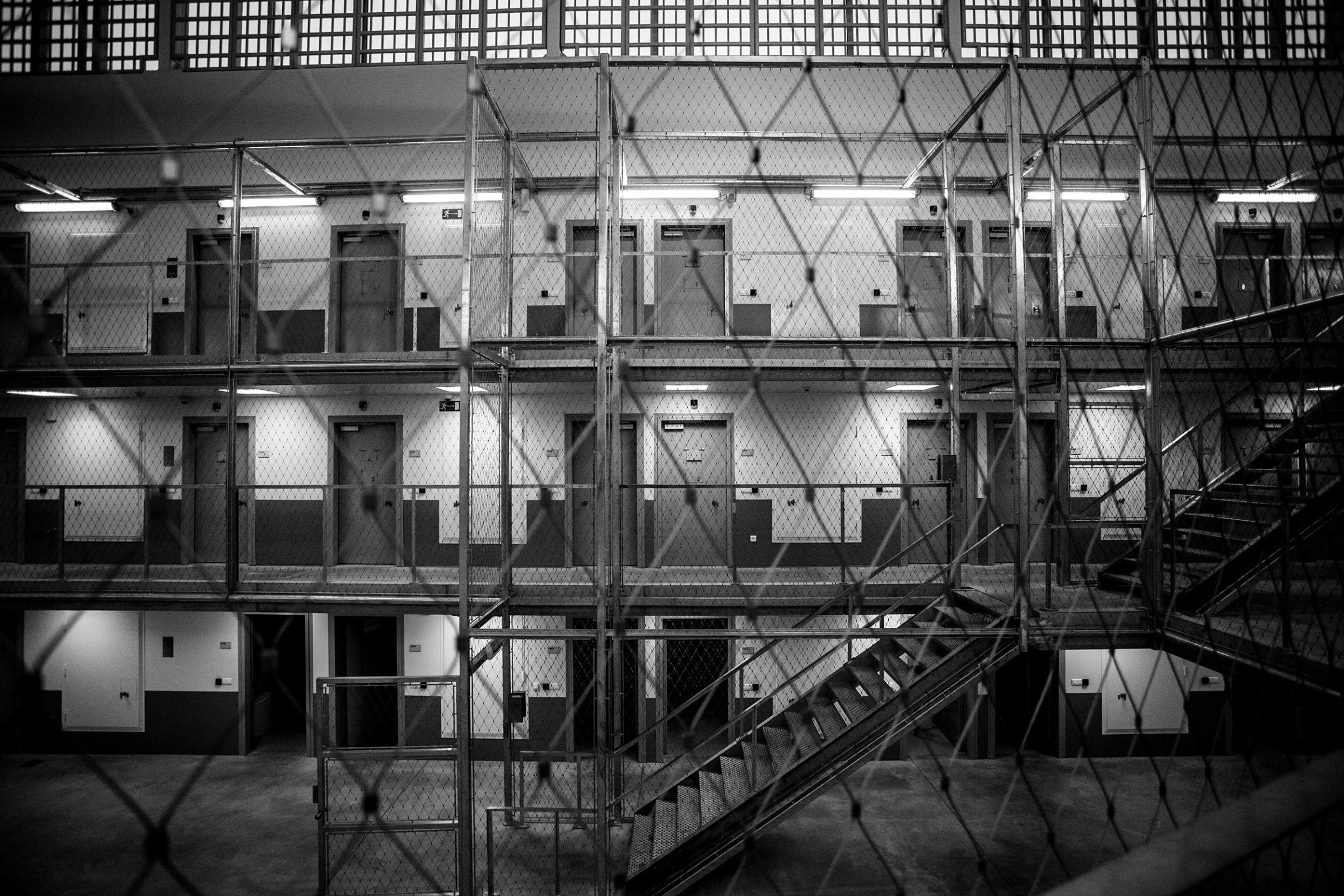 Inside a wing of one Belgium's most recent prisons, freshly built in Beveren. February 2014.