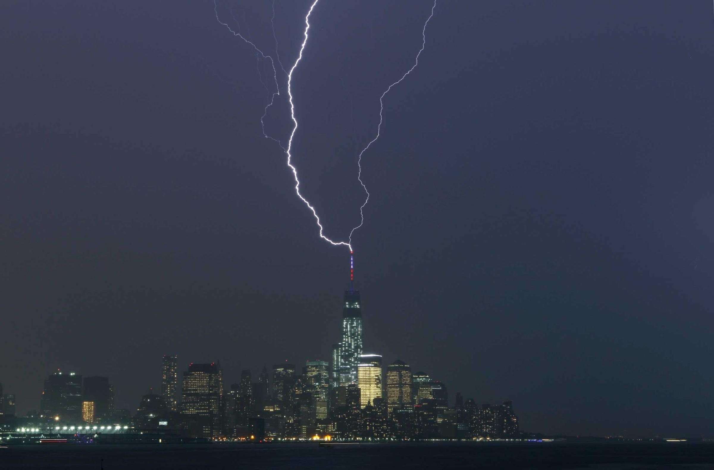Two bolts of lightning hit the antenna on One World Trade Center