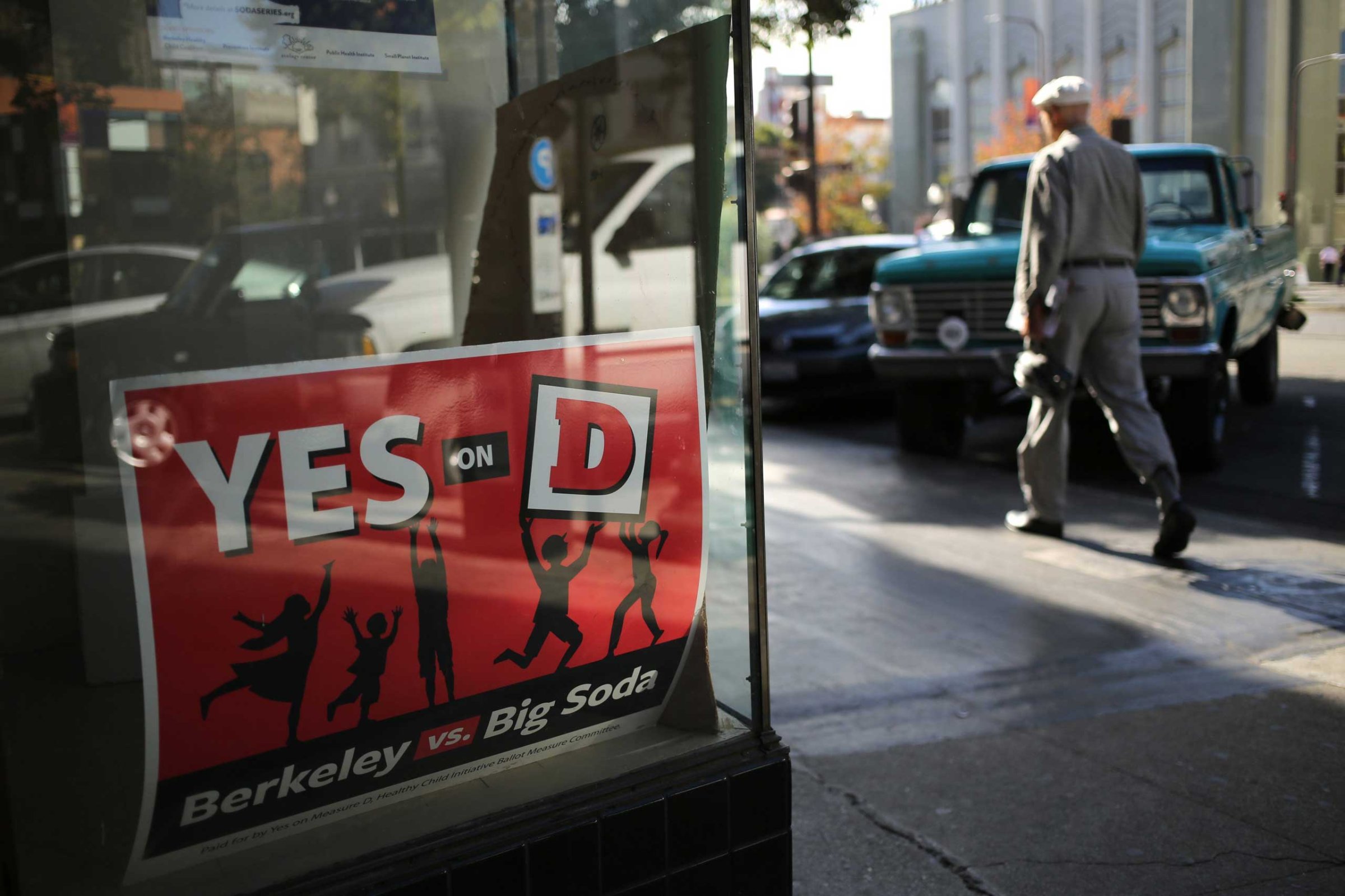 A sign for the "Yes on D" campaign in the window of the Measure D election headquarters in Berkeley, Calif., Nov. 3, 2014.