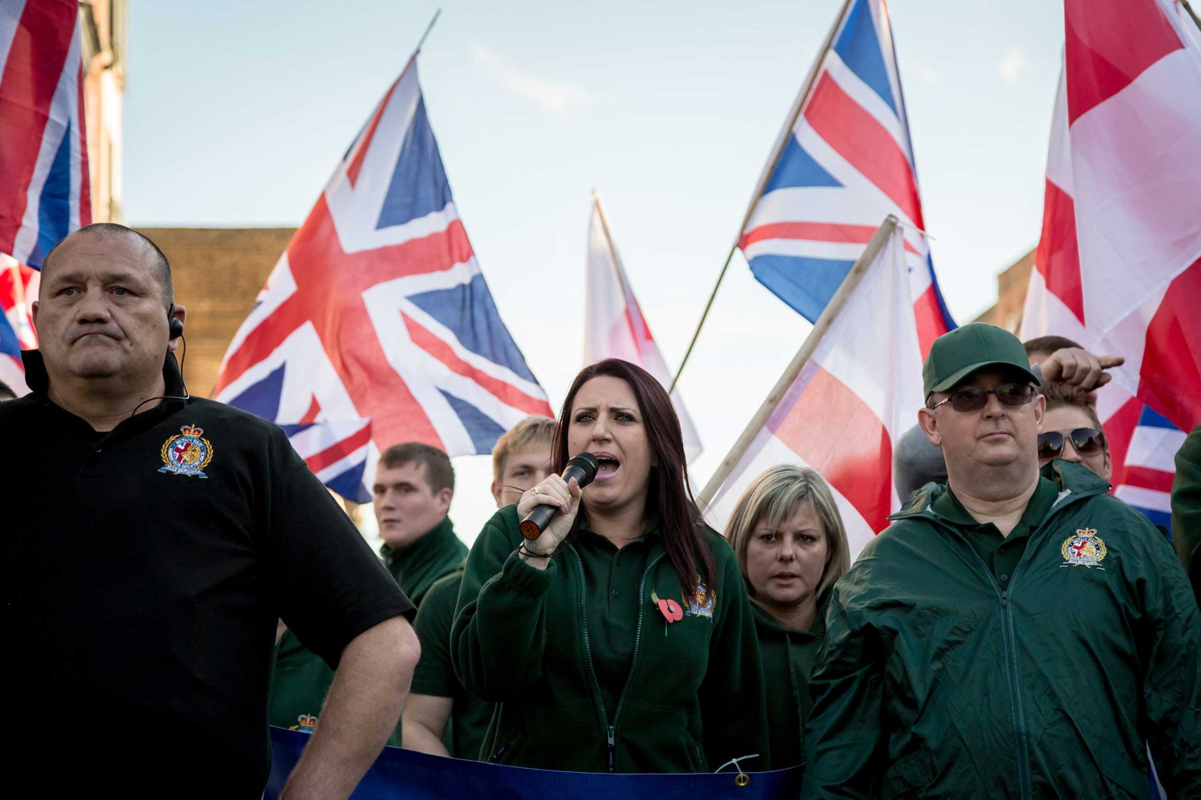 Jayda Fransen, deputy leader of Britain First, speaks during a march in Rochester, England, Nov. 1, 2014.