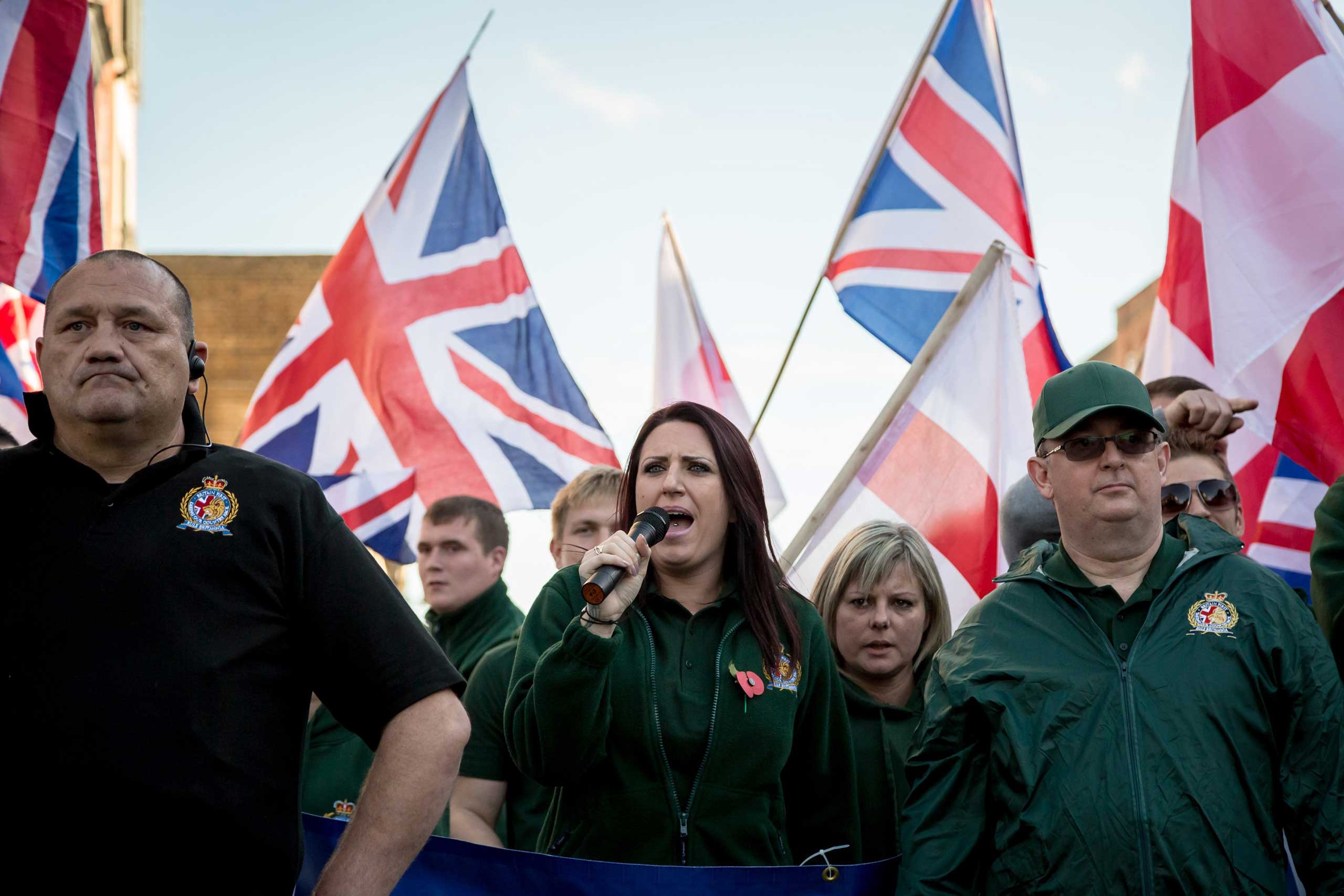 Jayda Fransen, deputy leader of Britain First, speaks during a march in Rochester, England, Nov. 1, 2014. (Guy Corbishley—Demotix/Corbis)