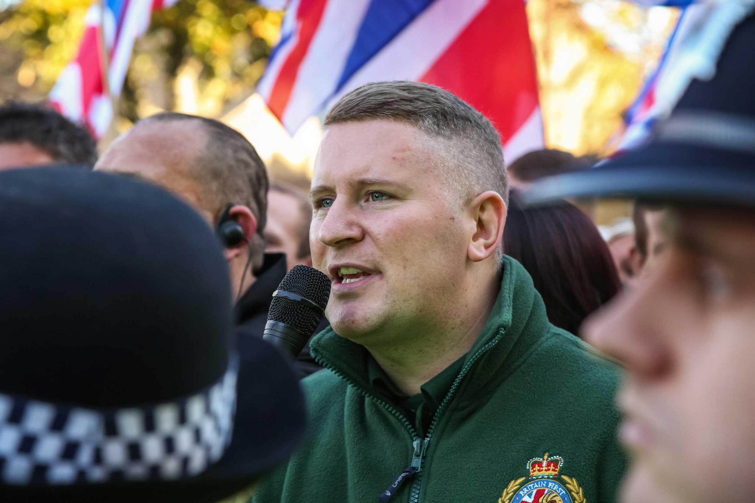 Paul Golding, leader of Britain First seen during a march in Rochester, England, Nov. 1, 2014.