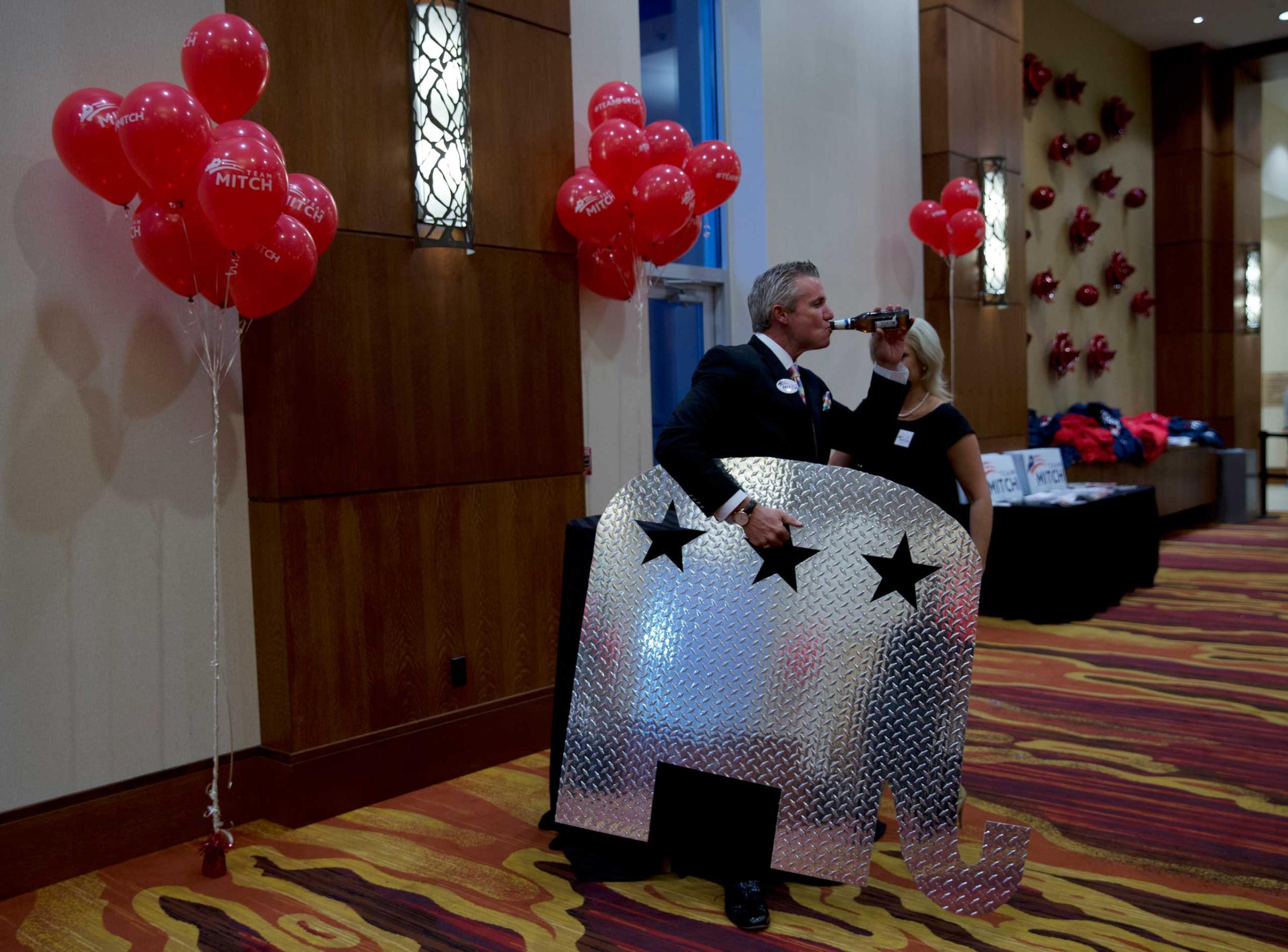Supporters gather to celebrate incumbent Sen. Mitch McConnell's victory over Alison Lundergan Grimes at the Louisville Marriott East Hotel in Louisville, Ky. on Nov. 4, 2014. With the Republican takeover of the Senate, McConnell is expected to become the new Senate Majority Leader.