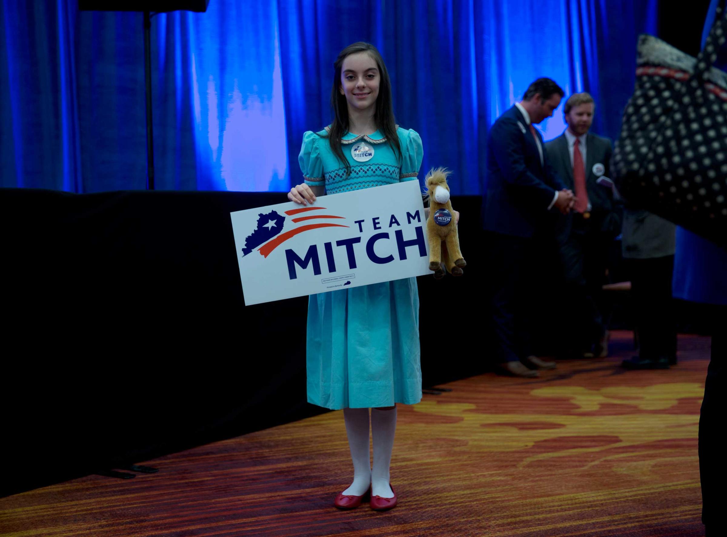 A supporter of incumbent Sen. Mitch McConnell's win at the Louisville Marriott East Hotel in Louisville, Ky. on Nov. 4, 2014.