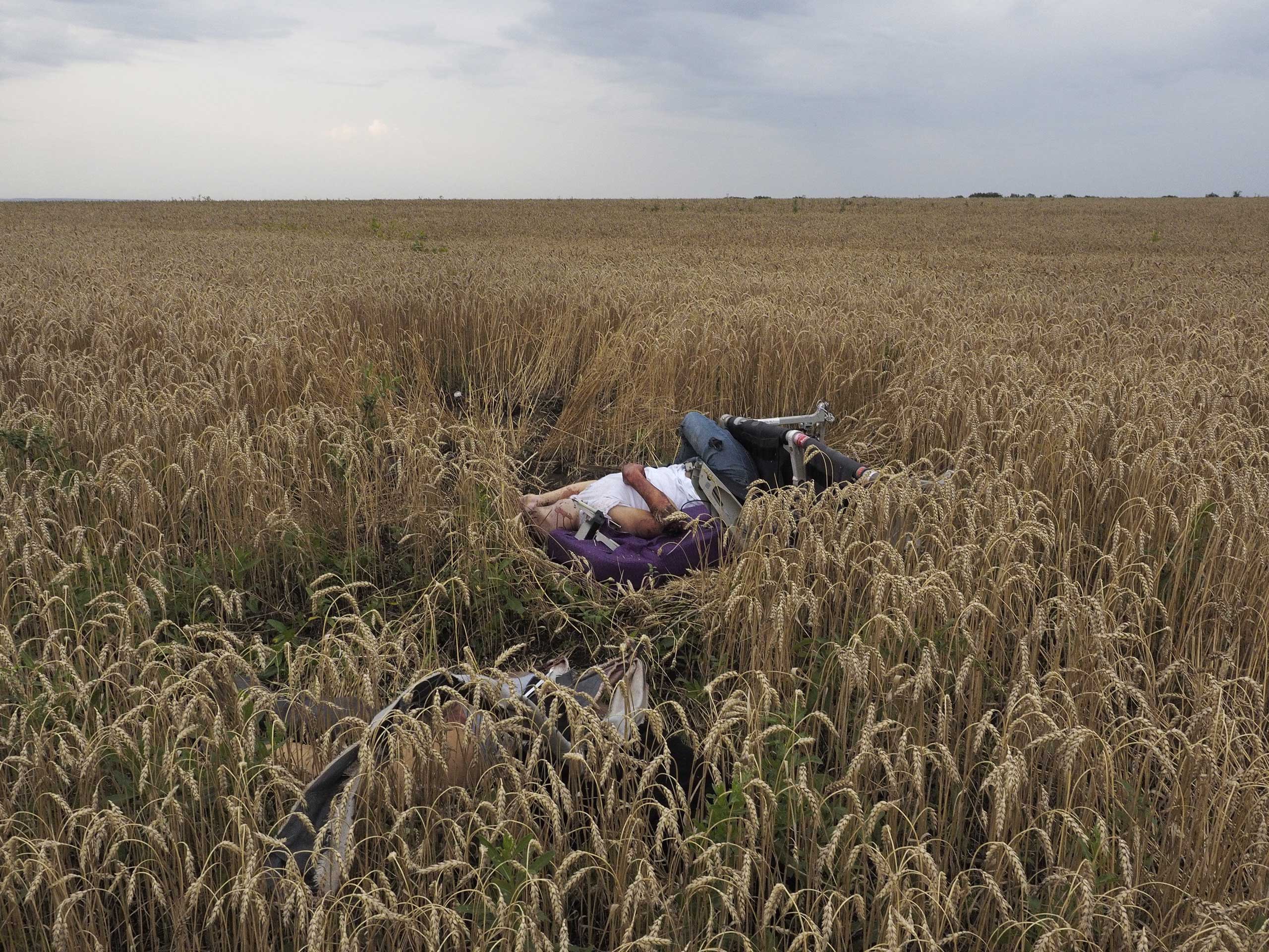 The remains of a passenger on board Malaysia Airlines flight MH17 that was shot over eastern Ukraine, July 17, 2014. From <a href="http://lightbox.time.com/2014/07/18/malaysia-airline-ukraine-crash-jerome-sessini/#1">"Malaysia Airlines Ukraine Crash: ‘Unreal’ Scenes from Photographer Jerome Sessini"</a> (Jerome Sessini—Magnum)
