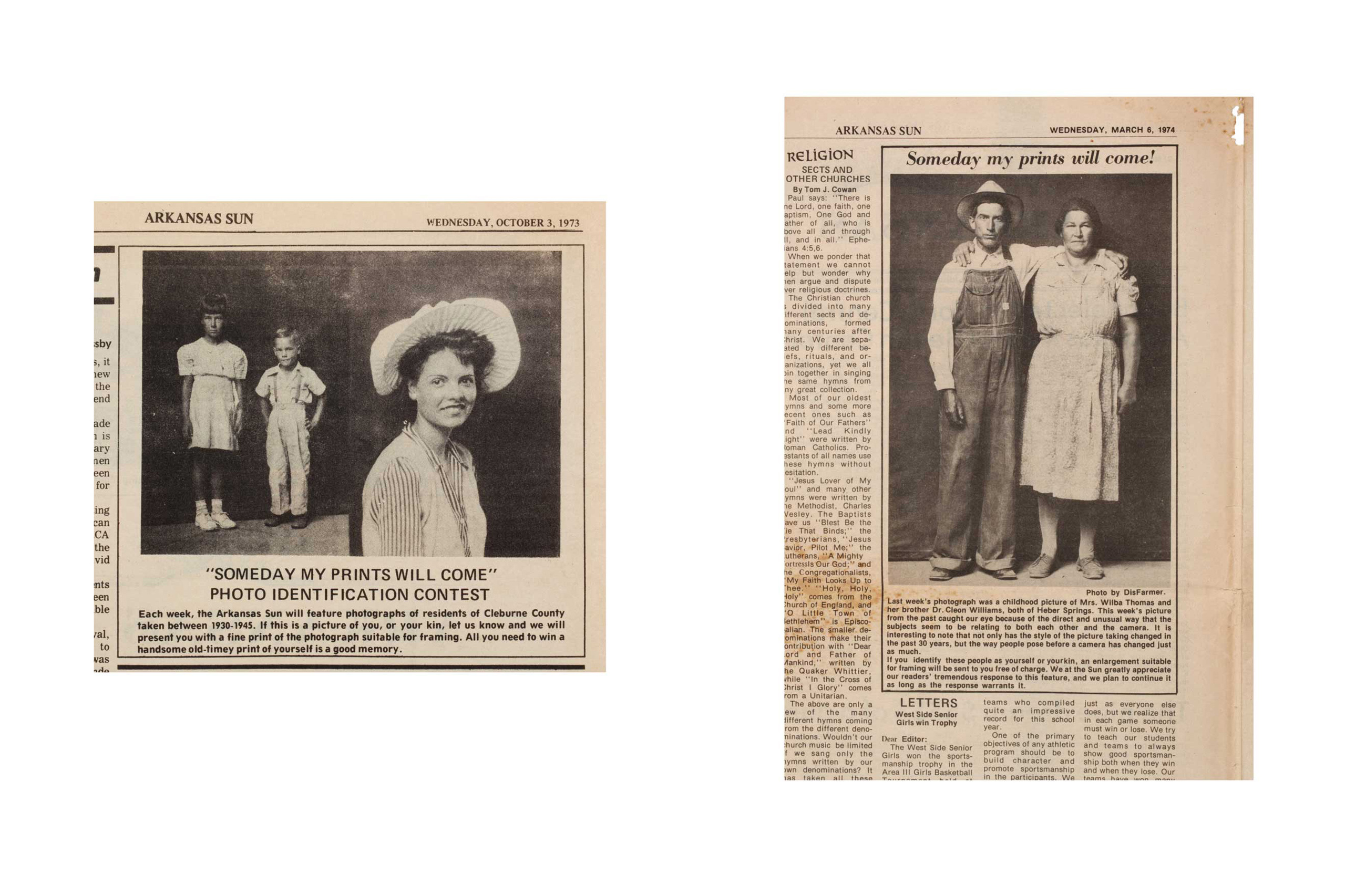 Left:  Someday my prints will come: Photo Identification Contest.  Arkansas Sun Clara and Joe Philipps (left), Jeri (Sanders) Collins (right), Oct. 3, 1973
                              
                              Right:  Someday my prints will come!  Arkansas Sun, Ed and Mamie Barger, March 6, 1974