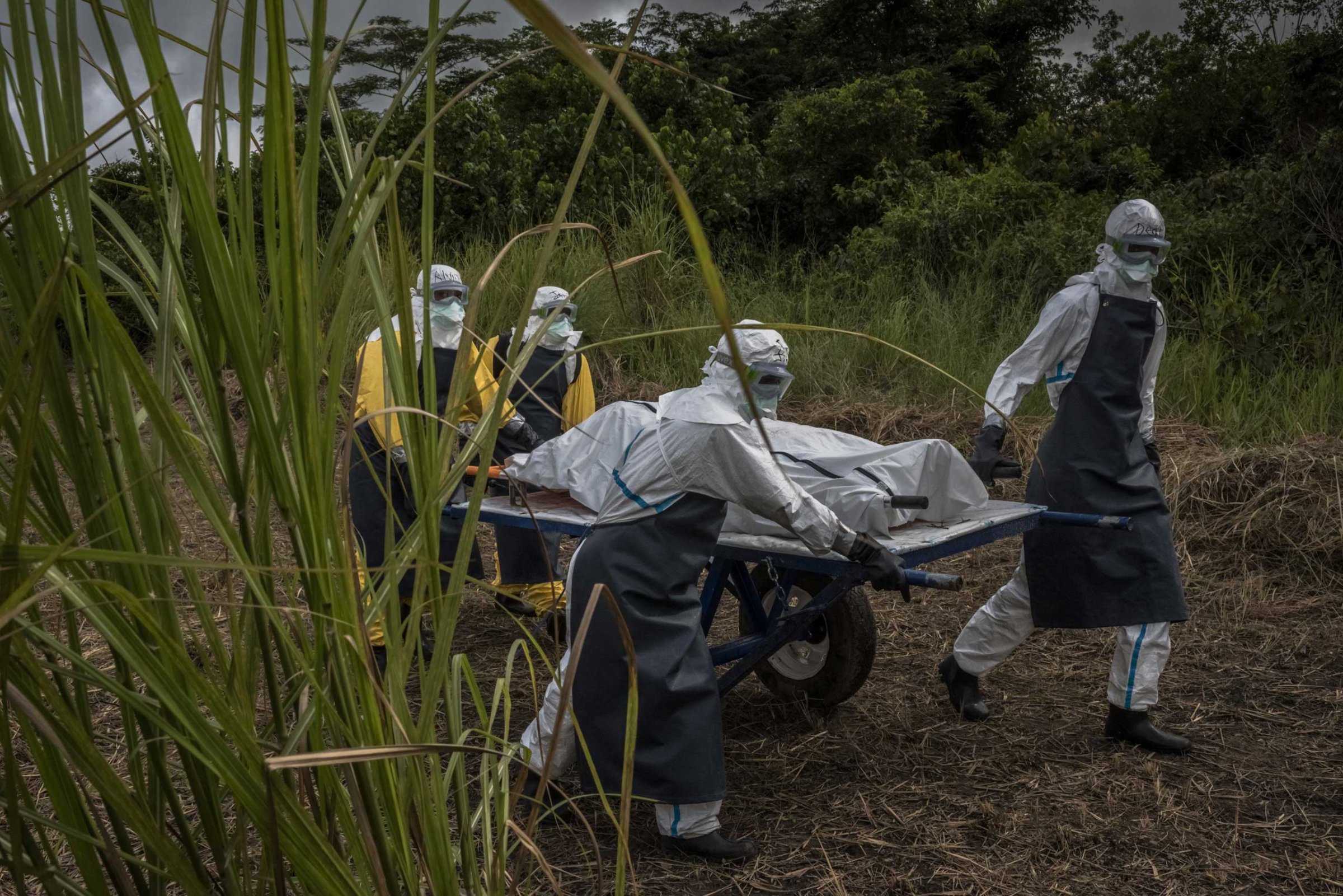 A team transports a corpse for burial near an Ebola treatment center in Suakoko, Liberia, Oct. 5, 2014.