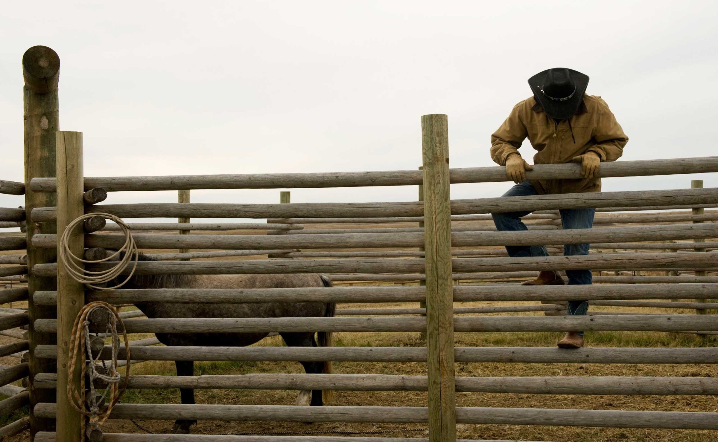 Jesse Bear climbs over a corral fence to train a horse on the ranch owned by his father, a Three Affiliated Tribes member, just off the Fort Berthold Reservation in North Dakota