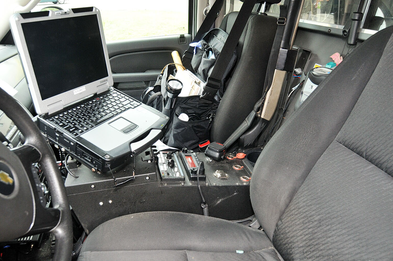 An undated evidence photograph made available by the St. Louis County prosecutors office on Nov. 25, 2014 shows the interior of Ferguson police officer Darren Wilson's vehicle taken after the shooting of Michael Brown.