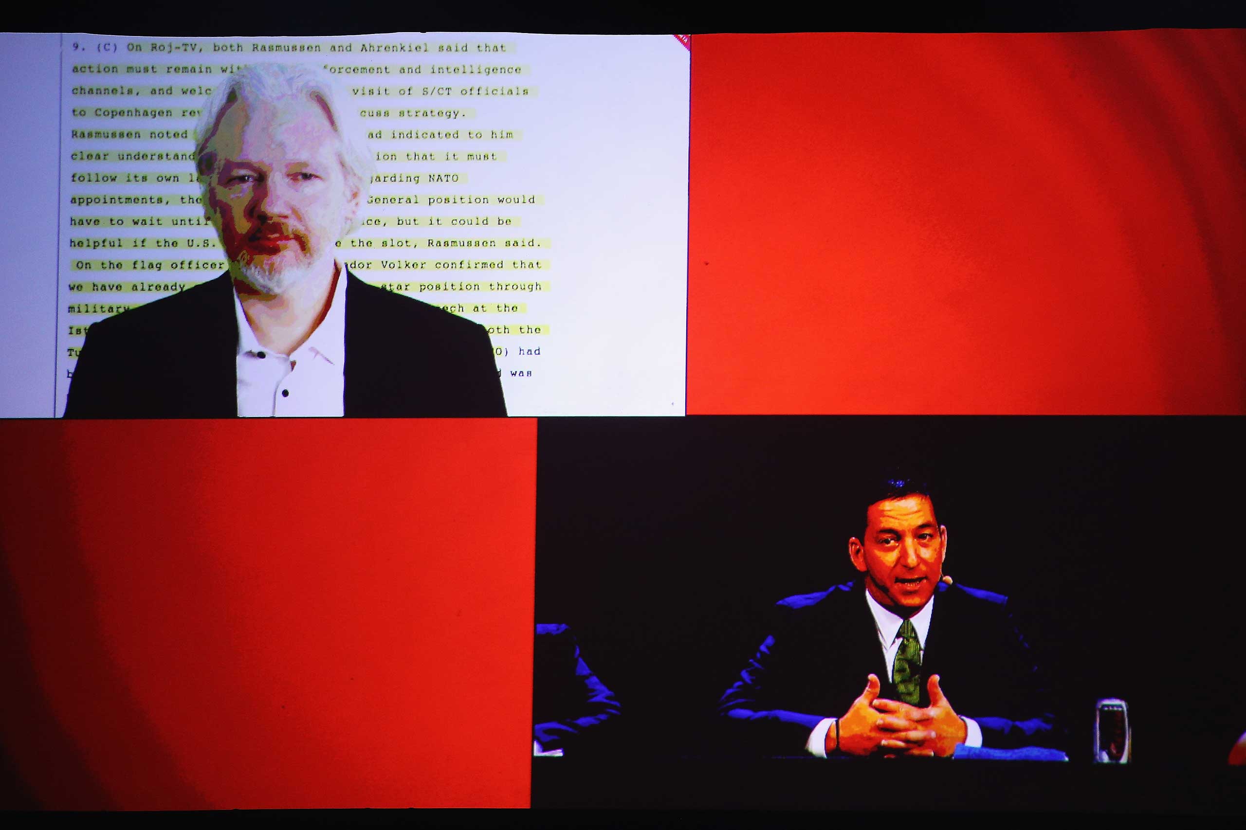 Julian Assange and Glenn Greenwald discuss the revelations about New Zealand's mass surveillance at Auckland Town Hall in Auckland, New Zealand on Sept. 15, 2014.