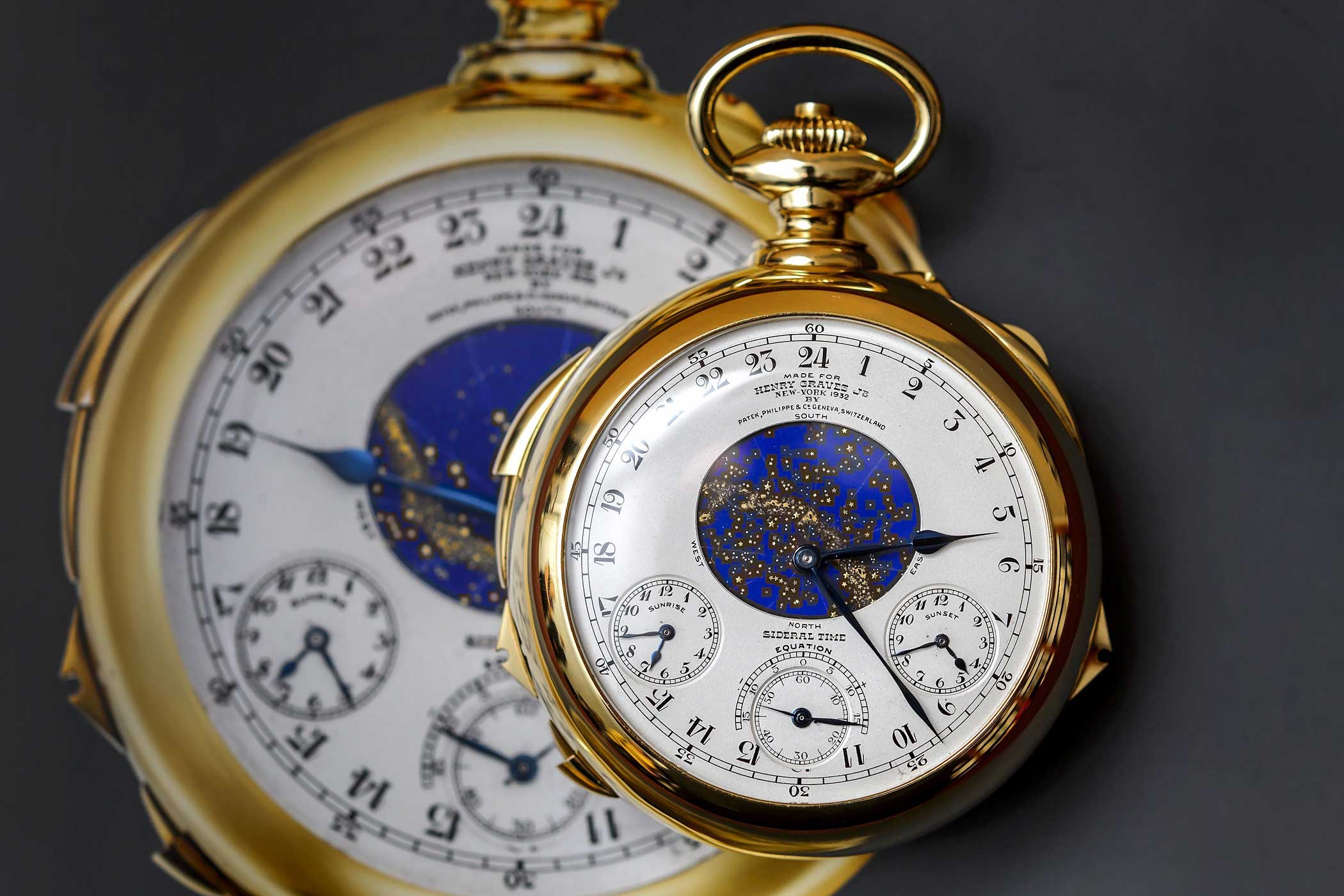 The Henry Graves Supercomplication timepiece made by Swiss watchmaker Patek Philippe in 1932 is photographied during a press preview by Sotheby's auction house on November 5, 2014 in Geneva. (Fabrice Coffrini—AFP/Getty Images)