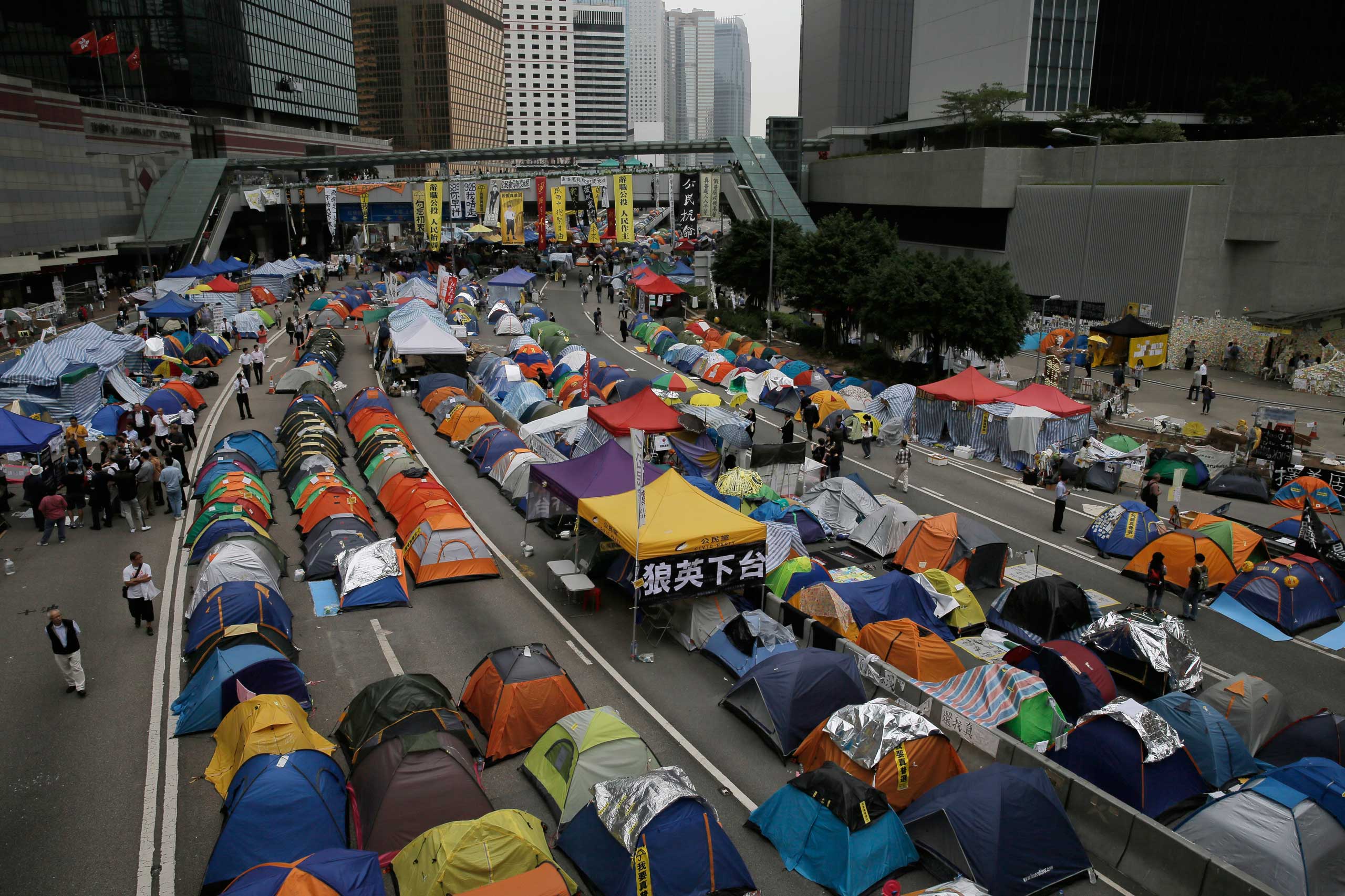 Tents set up by pro-democracy protesters are seen in an occupied area outside the government headquarters in Hong Kong's Admiralty district, Nov. 12, 2014. (Vincent Yu—AP)