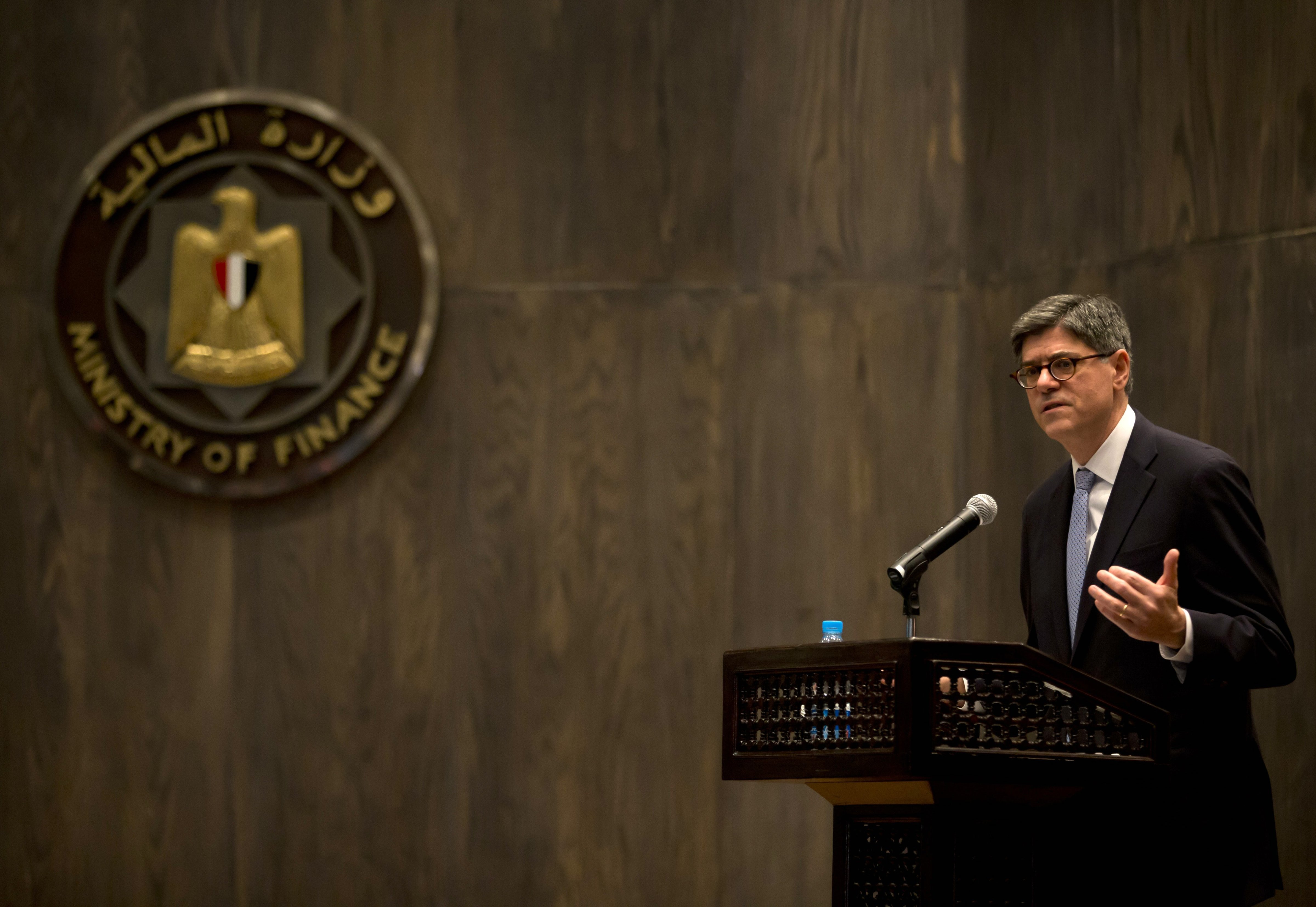 US Treasury Secretary Jacob Lew gives a joint press conferece with Egyptian finance minister Hany Dimian (unseen) at the Egyptian Ministry of Finance in Cairo on Oct. 27, 2014.