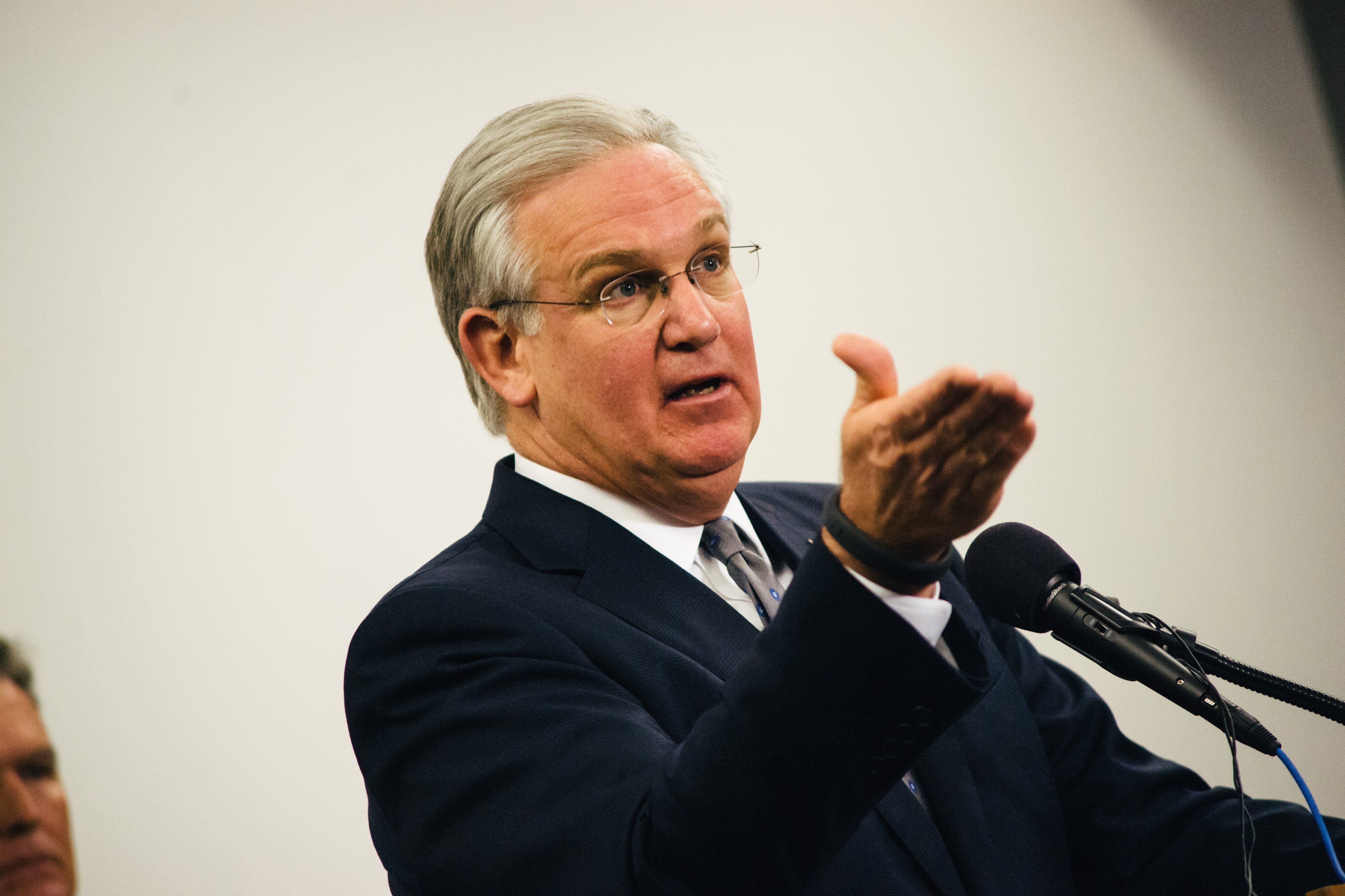 Missouri Governor Jay Nixon talks during a press conference at the Missouri Highway Patrol Headquarters in Weldon Springs on Nov. 11th, 2014.