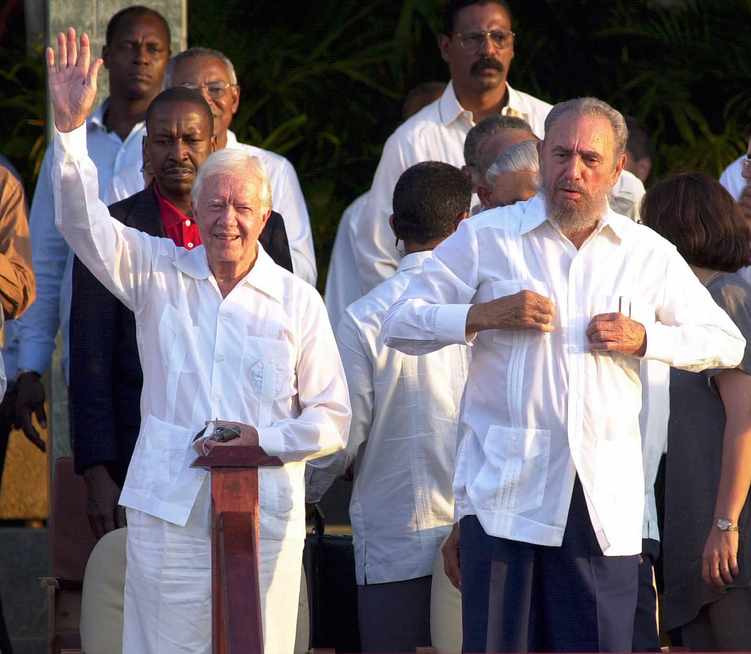 President Jimmy Carter, left, and Cuban President Fidel Castro wear a traditional guayabera in Havana on May 13, 2002.