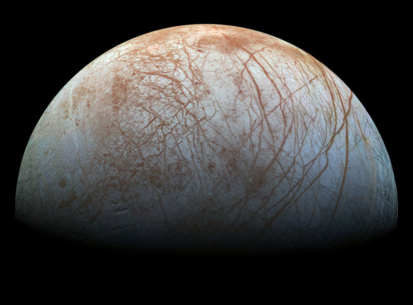 The newly released image of Jupiter's moon Europa.