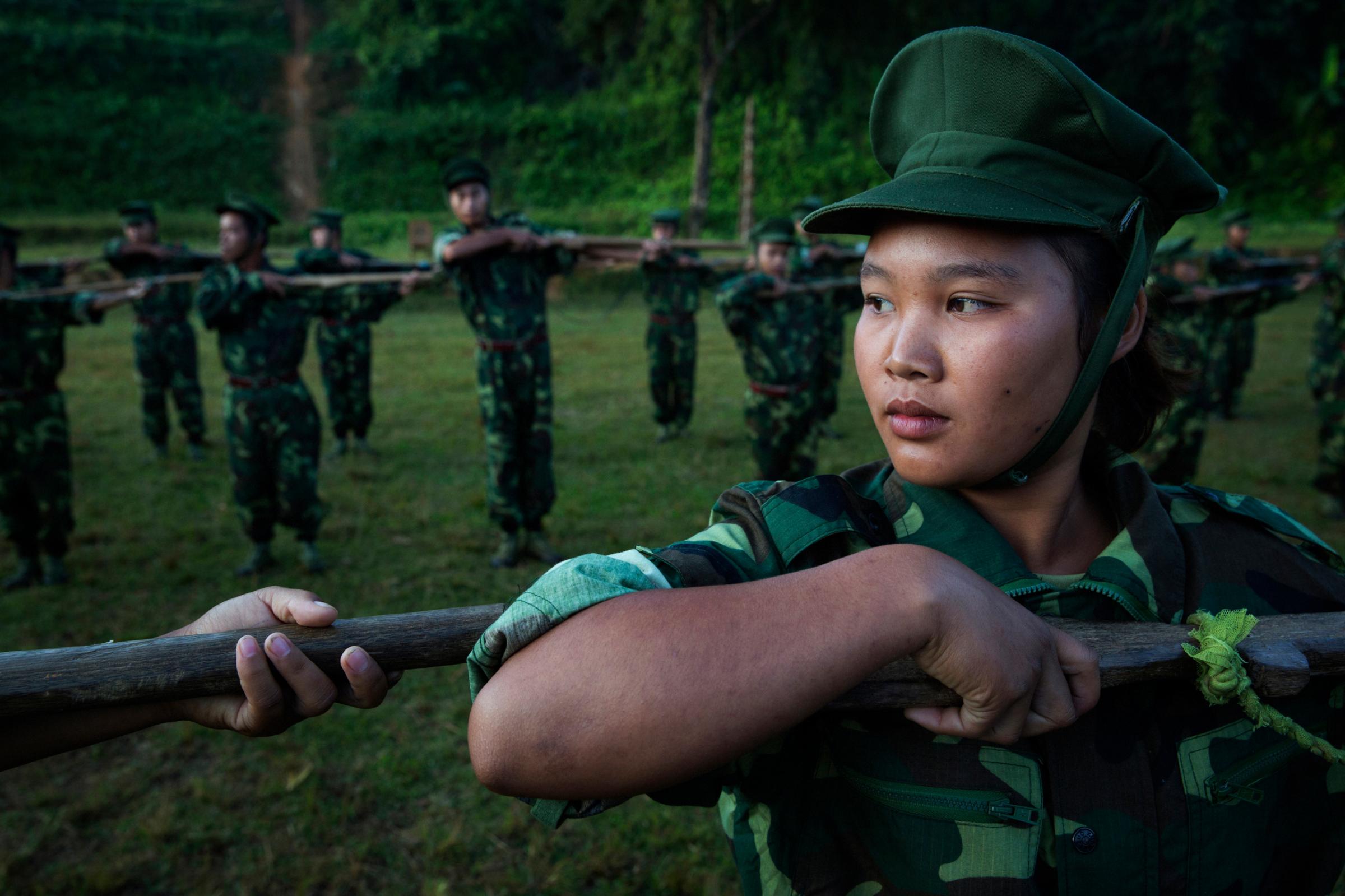 High School and University students receive drill instructions  in Laiza, Kachin Independence Army (KIA) controlled territory of Kachin State, Burma, Nov. 10th,  2014.