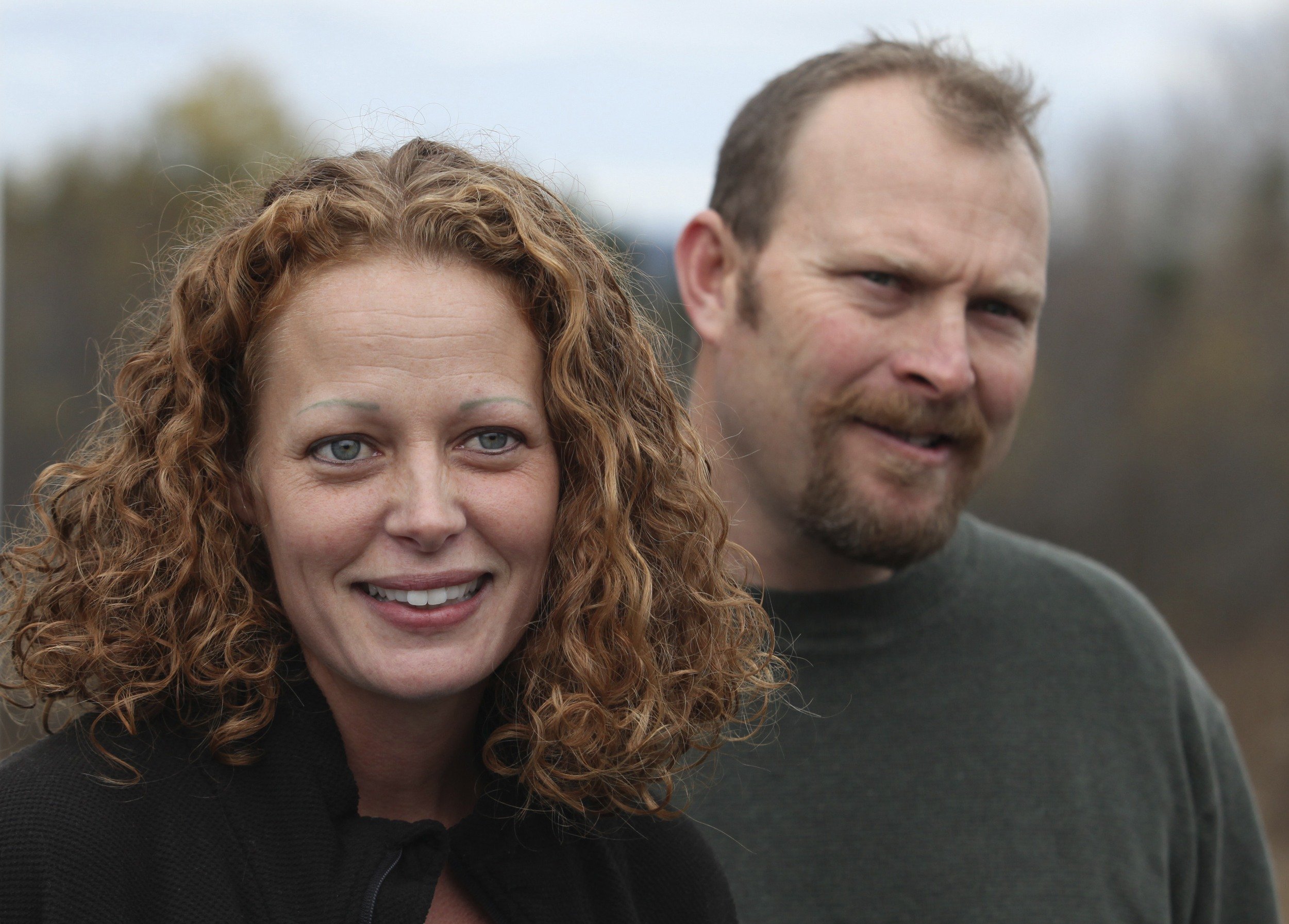 Nurse Kaci Hickox (L) joined by her boyfriend Ted Wilbur, speaks with the media outside of their home in Fort Kent, Maine on Oct. 31, 2014. (Joel Page—Reuters)