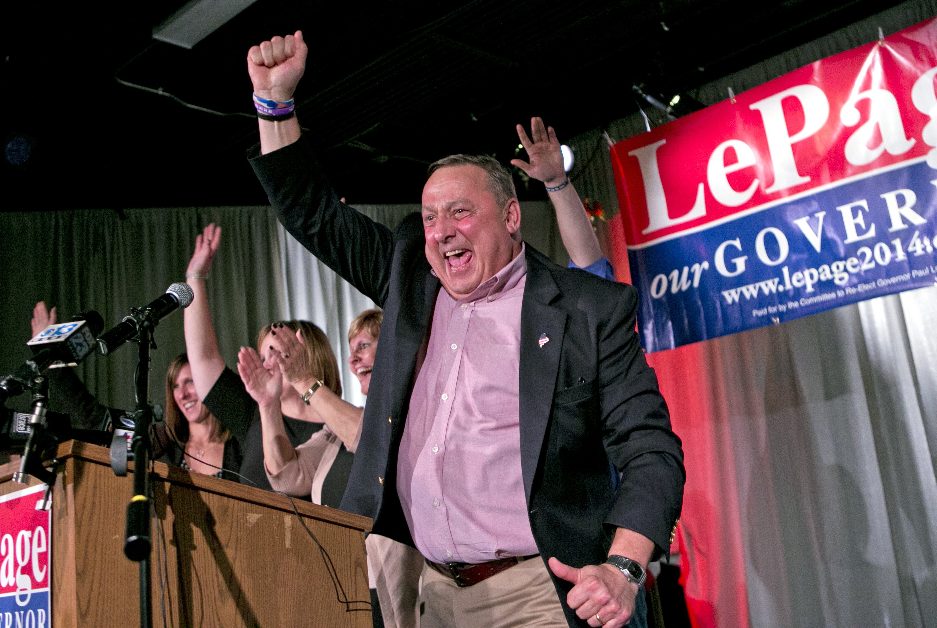 Gov. Paul LePage celebrates his re-election bid at his election night party on Nov. 5,  2014, in Lewiston, Maine. (Robert F. Bukaty—AP)