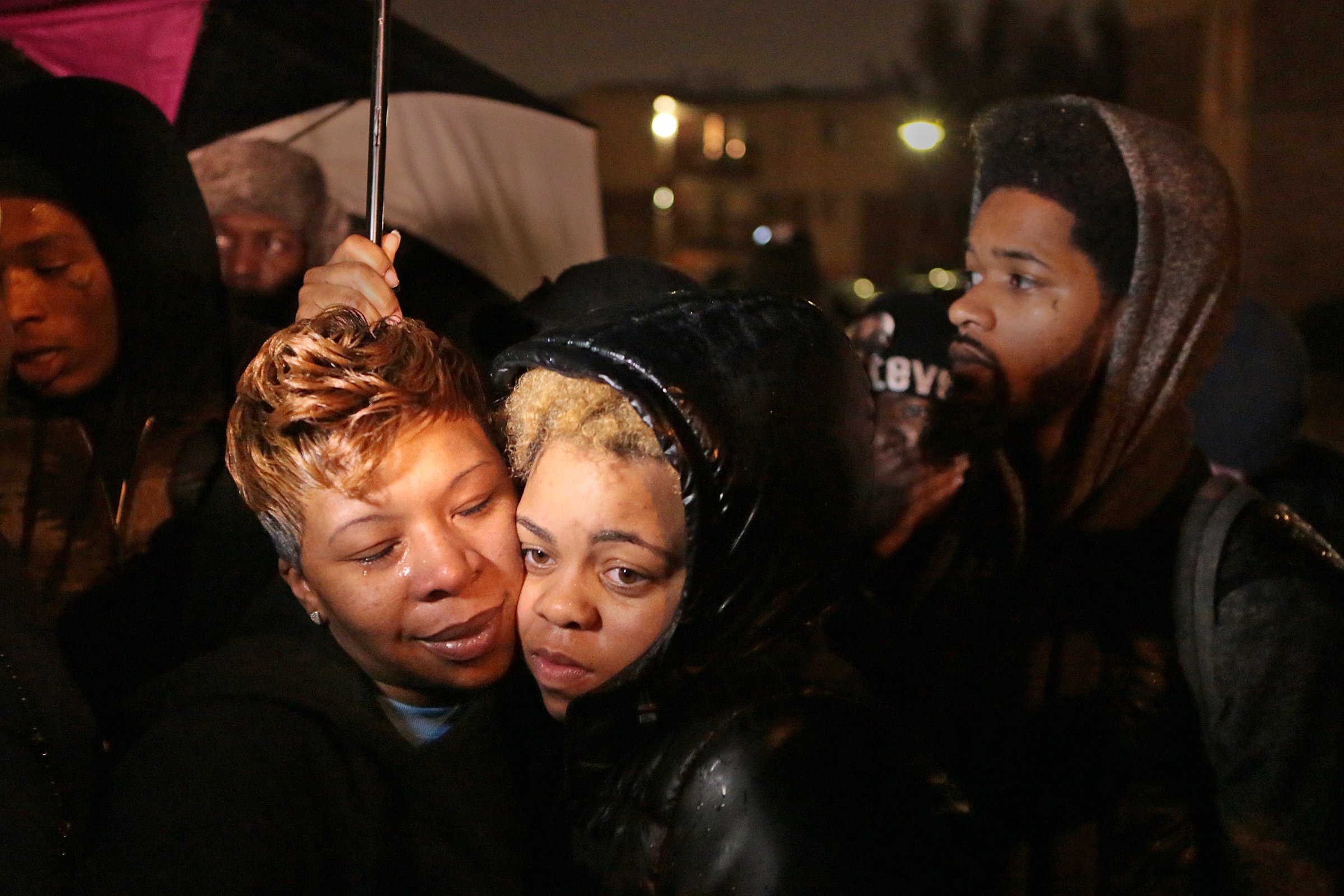Lesley McSpadden Michael Brown's mother embraces her cousin Sabrina Webb after a gathering at the site of the shooting on Canfield Drive in Ferguson, Mo. on Nov. 22, 2014. (Huy Mach—St. Louis Post-Dispatch/Polaris)